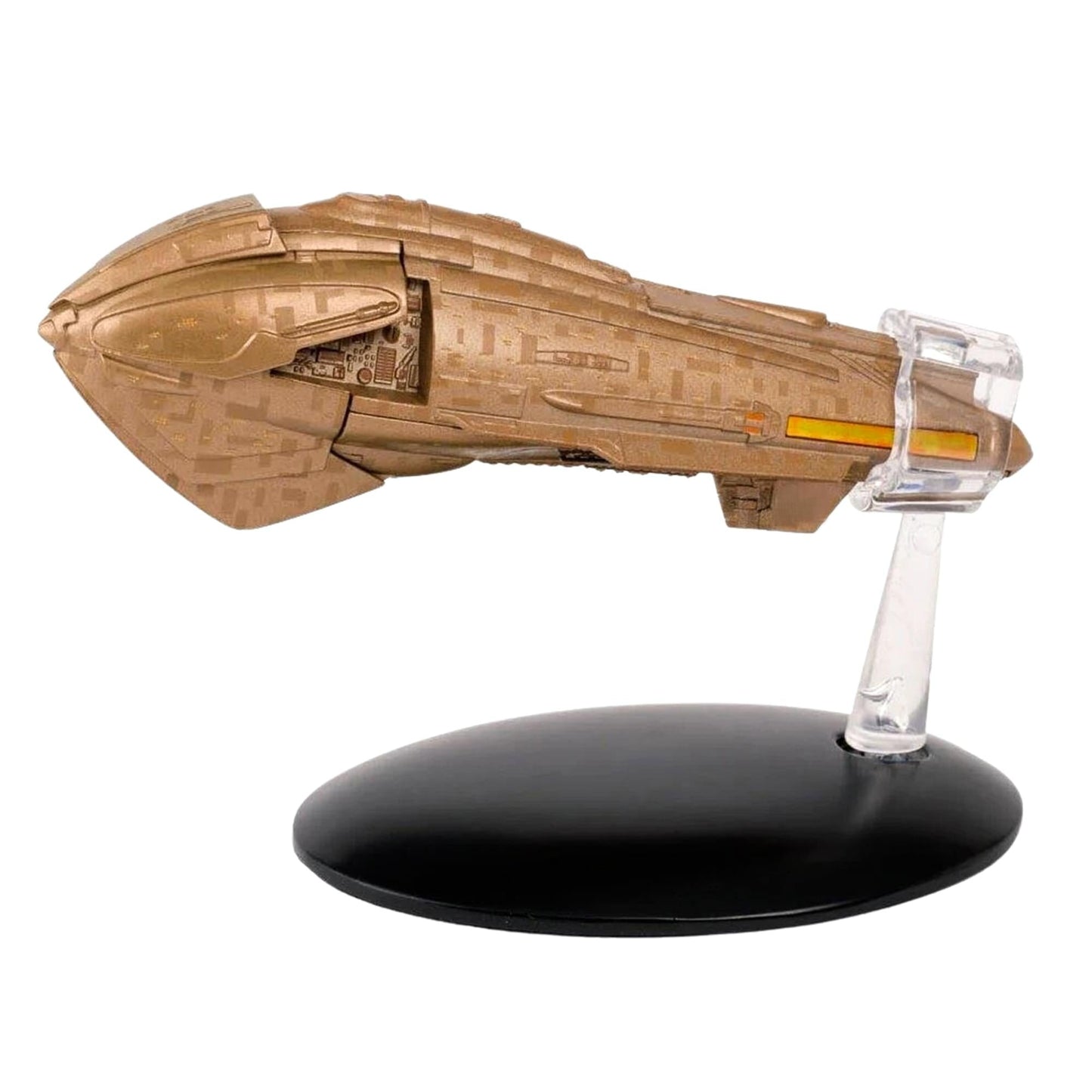 Three-quarter front view of the Kazon Predator Class starship replica mounted on its display stand, showcasing its rugged, multi-segmented hull and weapon arrays.