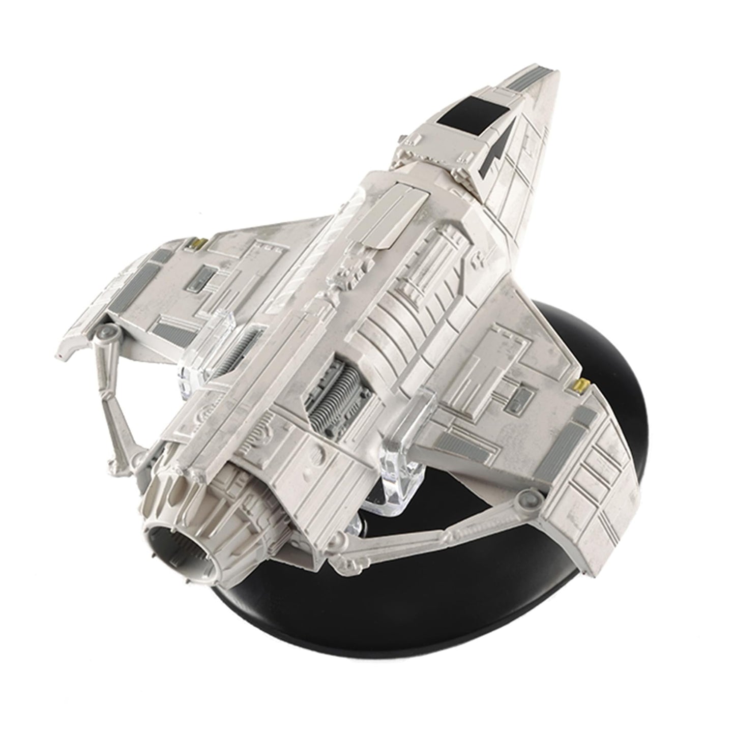 Rear view of the Bajoran Raider starship replica, featuring engine nacelles and detailed propulsion components.