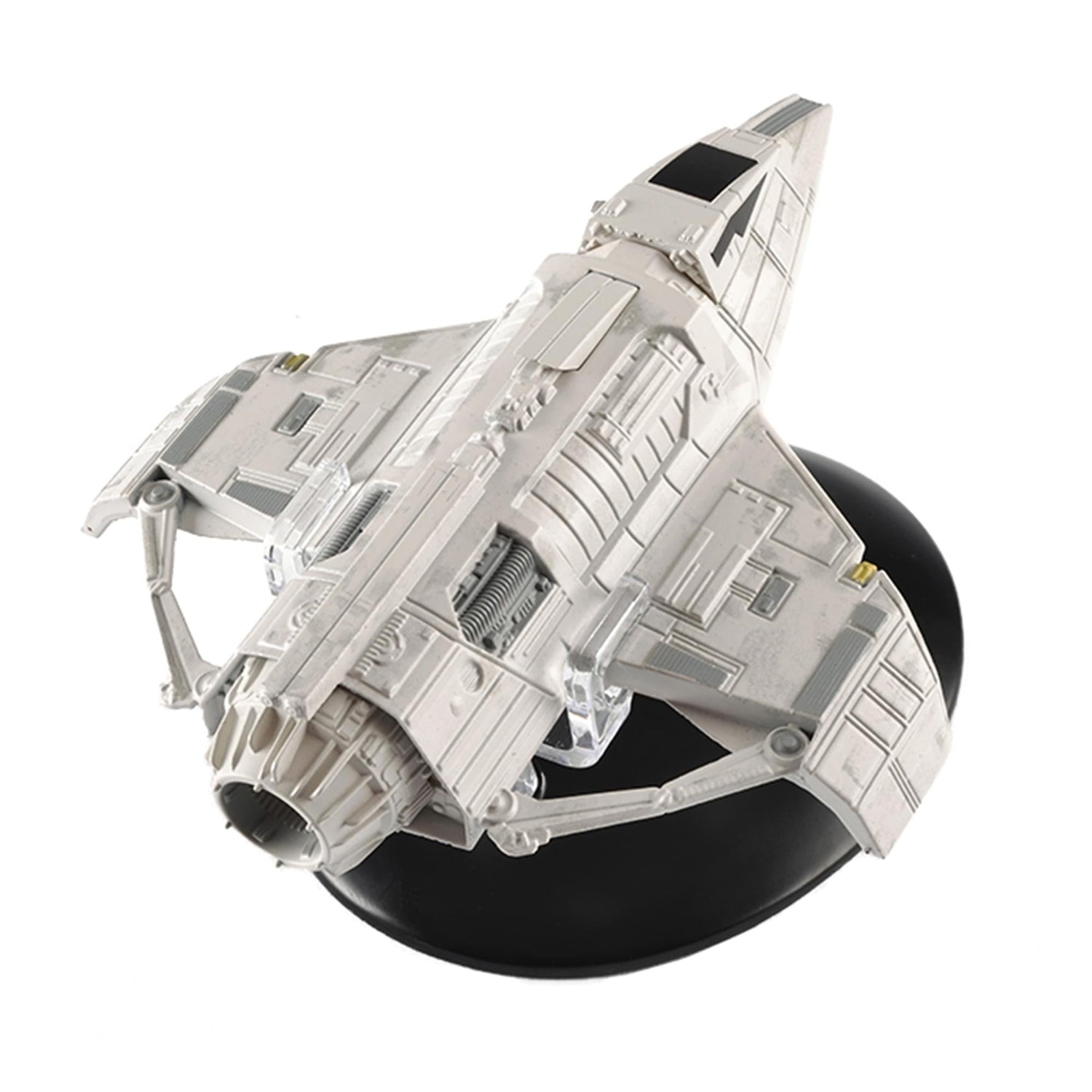 Rear view of the Bajoran Raider starship replica, featuring engine nacelles and detailed propulsion components.
