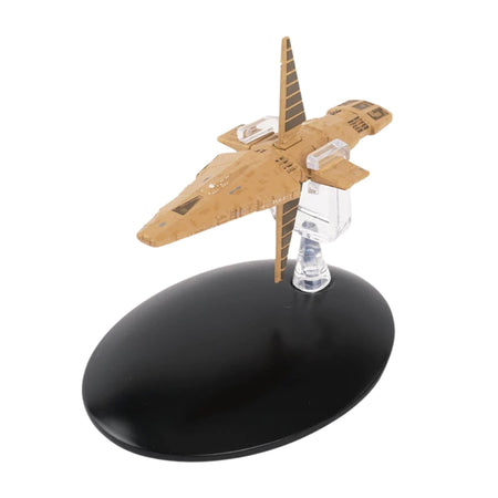 Three-quarter view of the Star Trek Talarian Observation Craft die-cast model mounted on a black display base