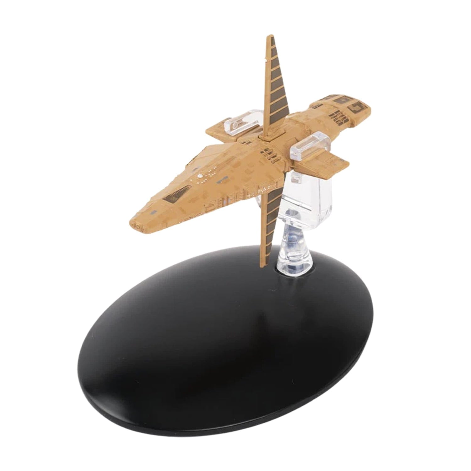 Three-quarter view of the Star Trek Talarian Observation Craft die-cast model mounted on a black display base