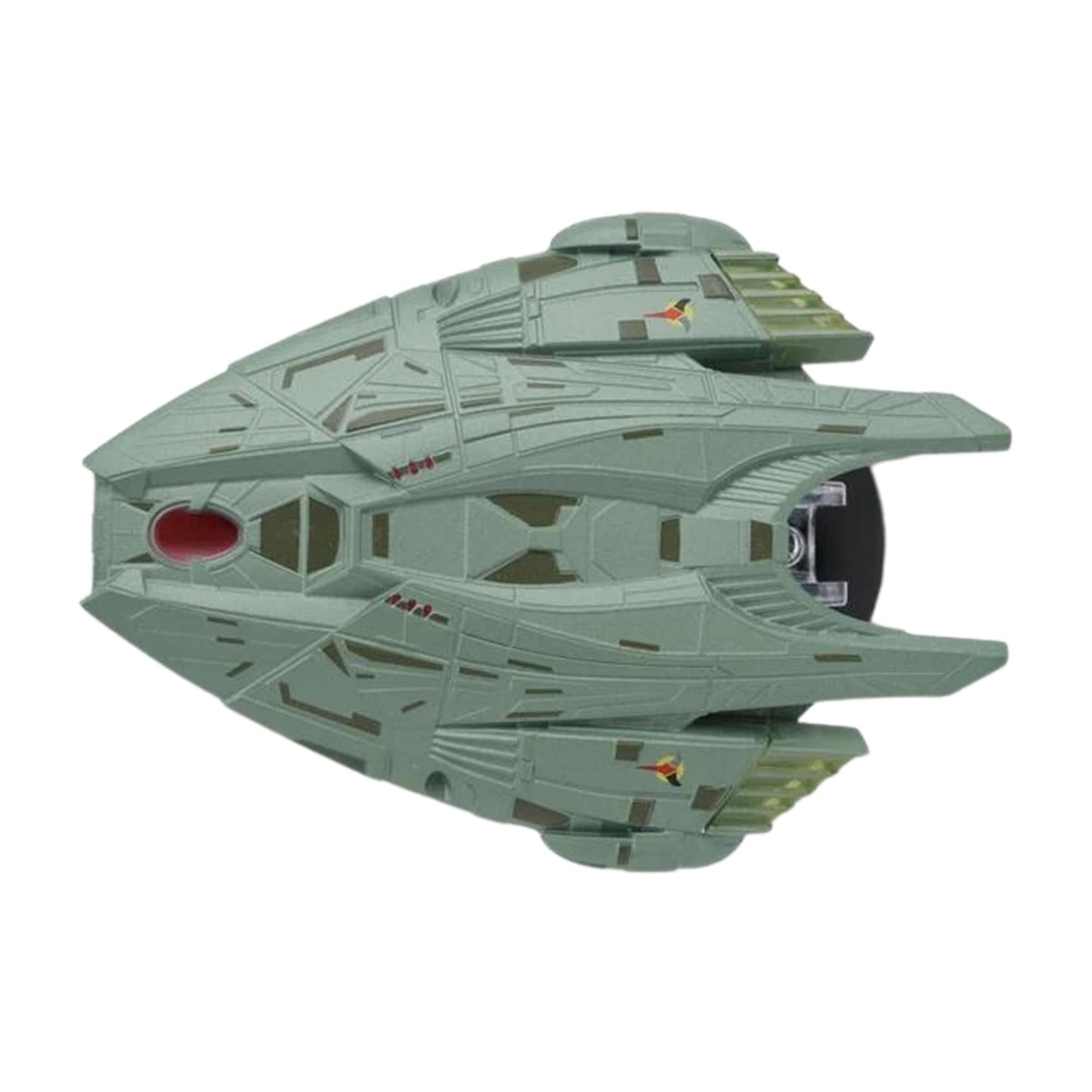 Close-up detail shot of the hand-painted hull markings and metallic textures on the starship model