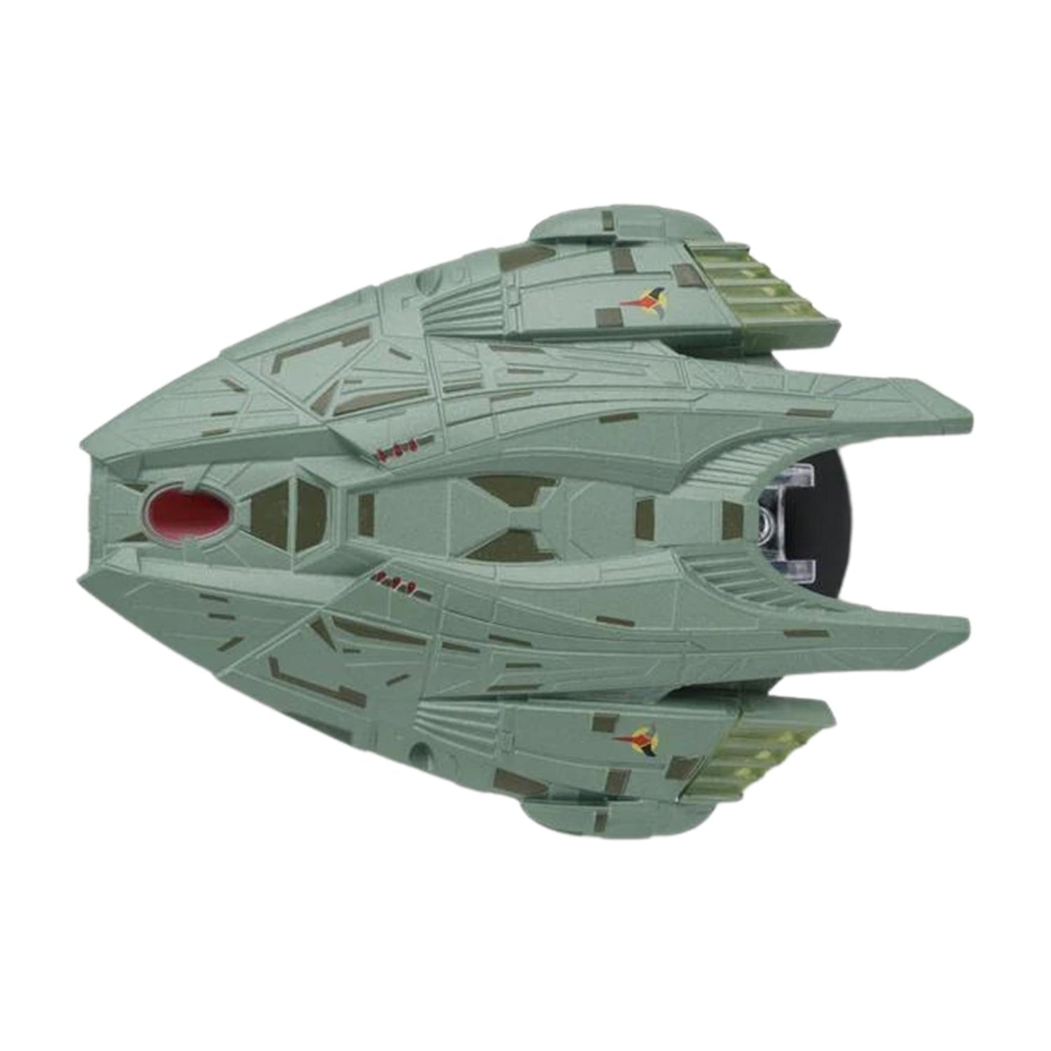 Close-up detail shot of the hand-painted hull markings and metallic textures on the starship model