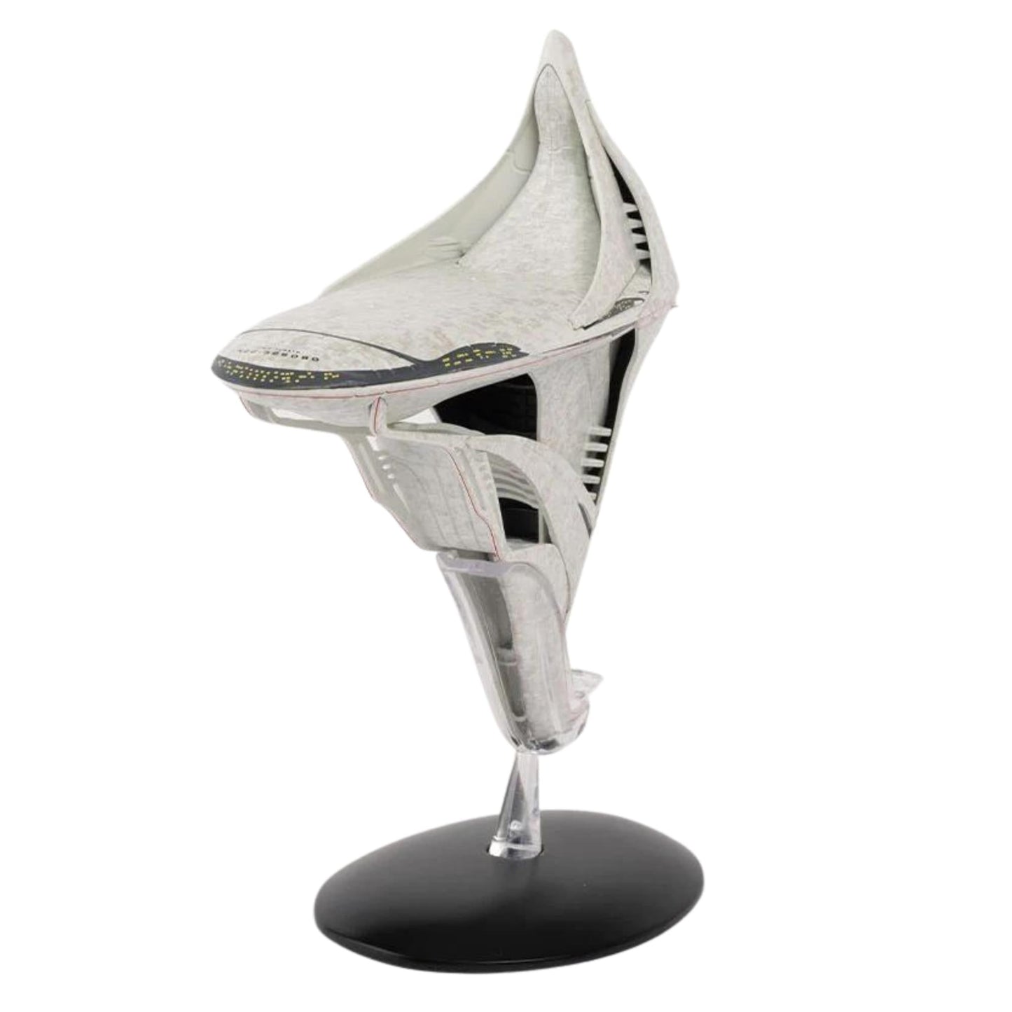 Rear view of the Star Trek: Discovery starship replica displaying engine nacelles and secondary hull geometry