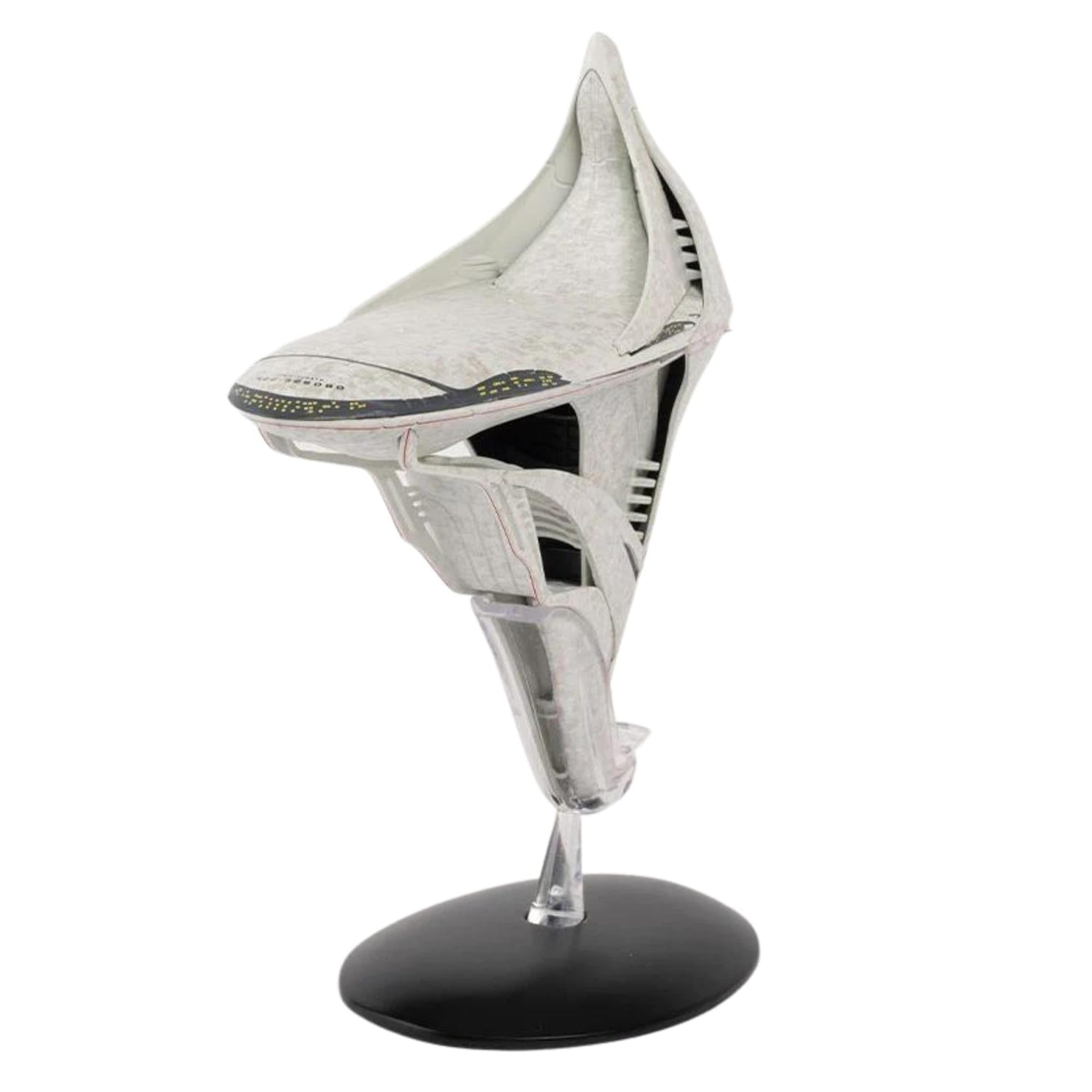 Rear view of the Star Trek: Discovery starship replica displaying engine nacelles and secondary hull geometry