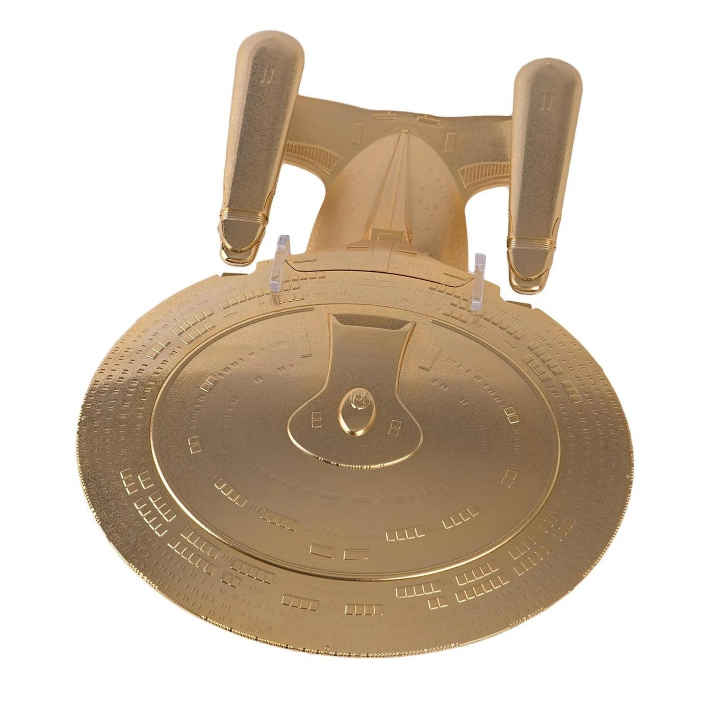 Rear view showcasing the warp nacelles and shuttlebay details of the golden U.S.S. Enterprise