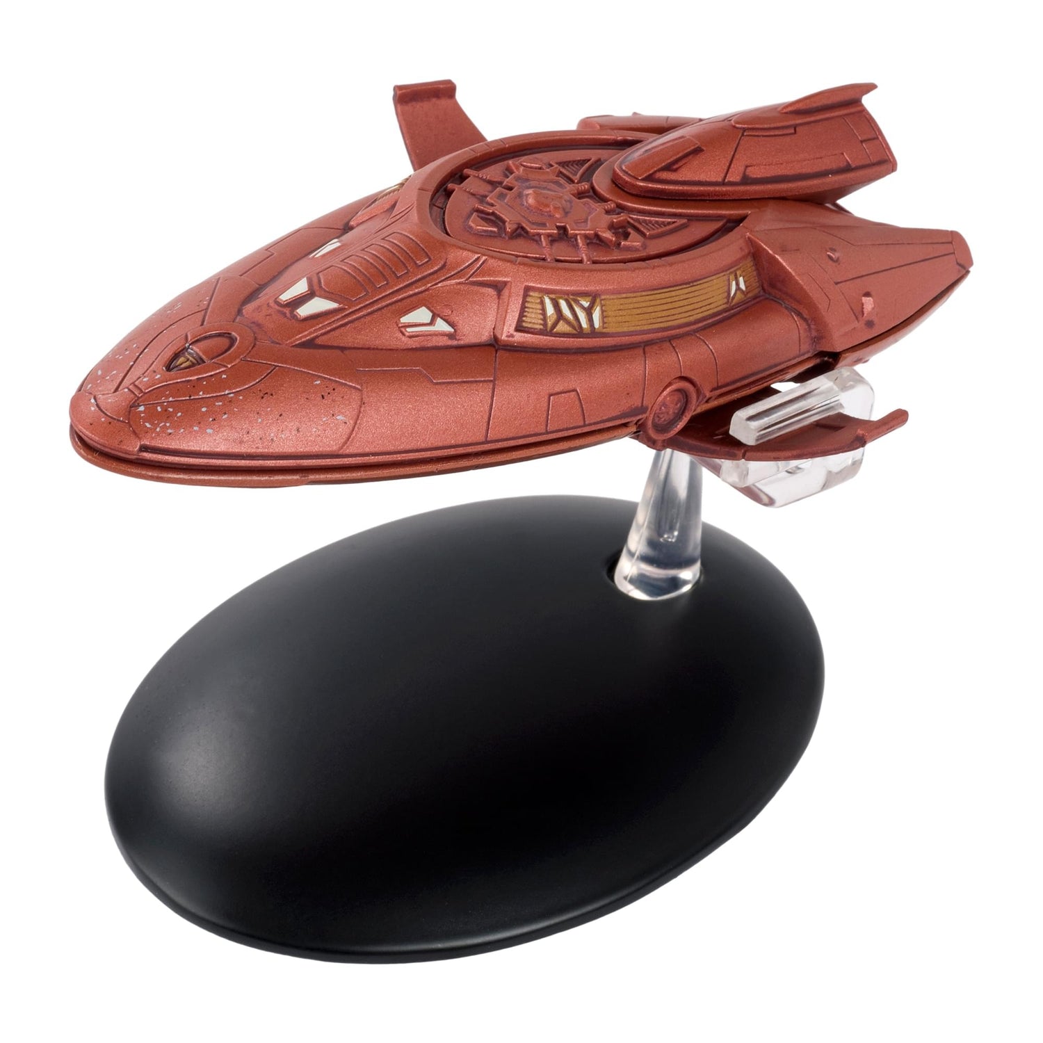Front three-quarter view of the die-cast Vulcan Survey Ship model on a dark display base