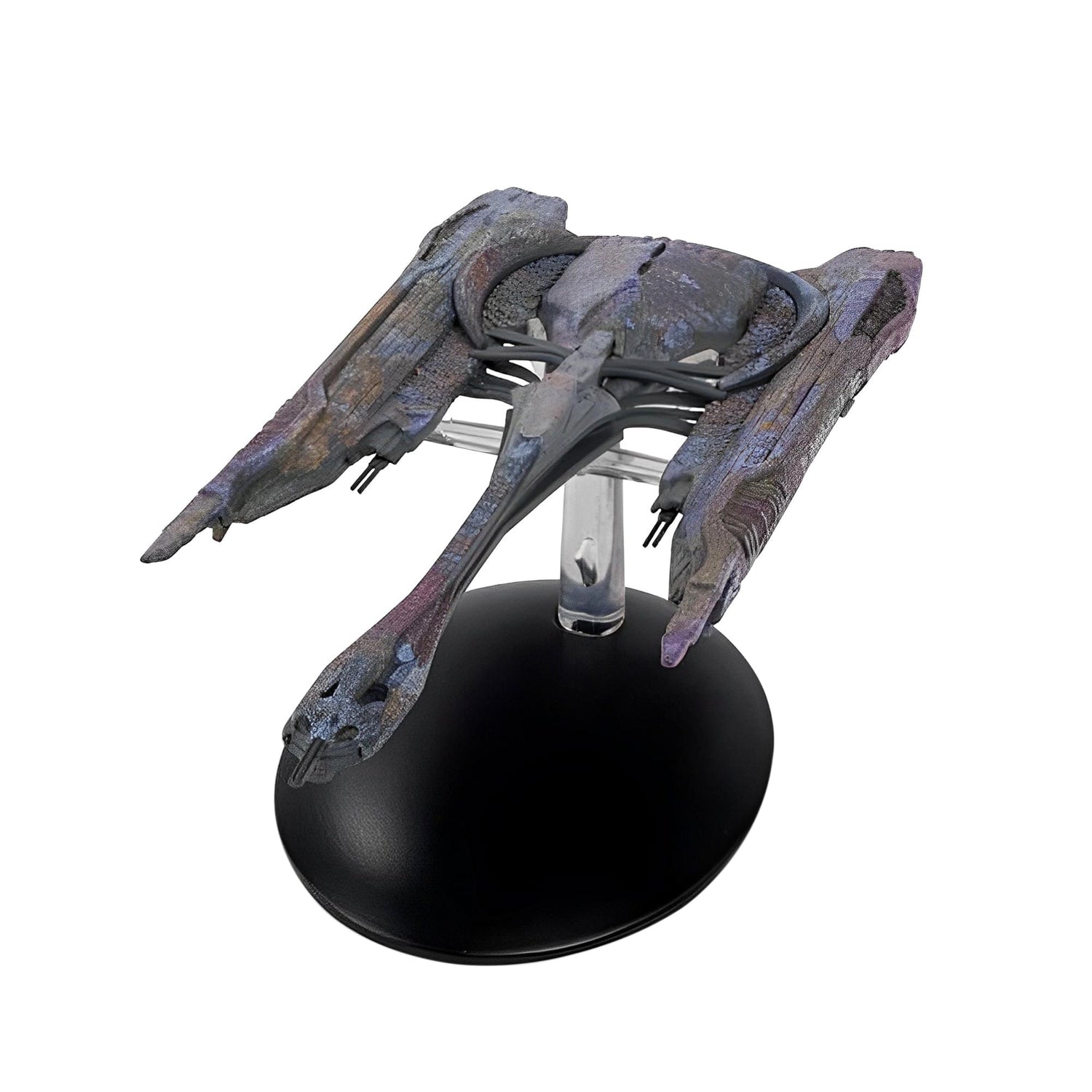 Close-up of the intricately detailed hull plating and weaponry array on the Klingon QOJ Class ship replica