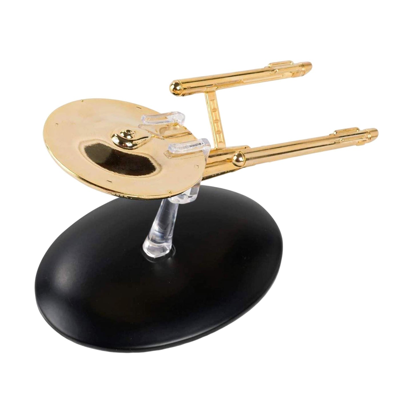 Close-up detail shot of the gold-plated bridge and saucer section on the Enterprise replica