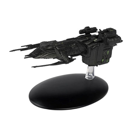 Angle view of the Star Trek Assimilated Arctic One starship replica mounted on its display stand