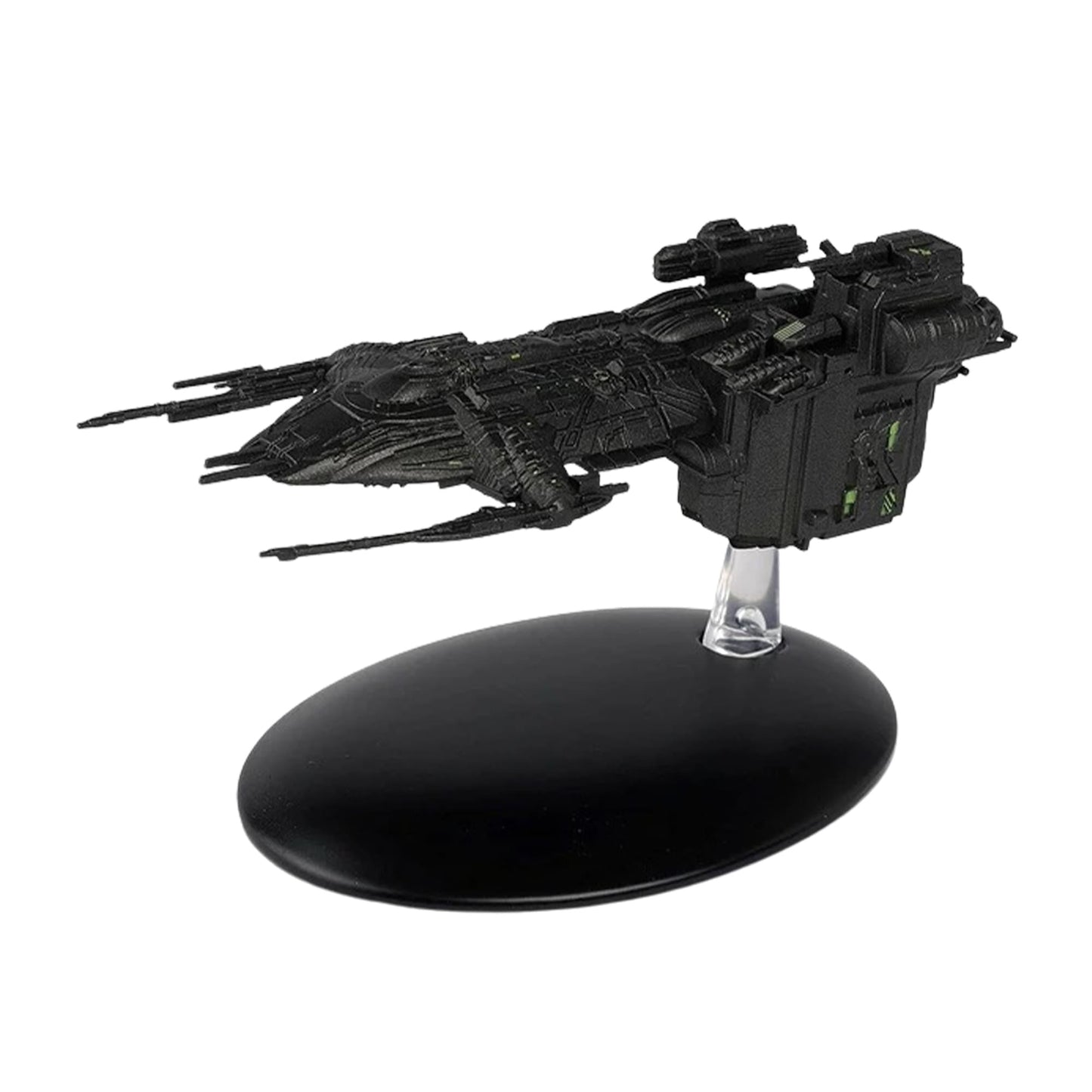 Angle view of the Star Trek Assimilated Arctic One starship replica mounted on its display stand