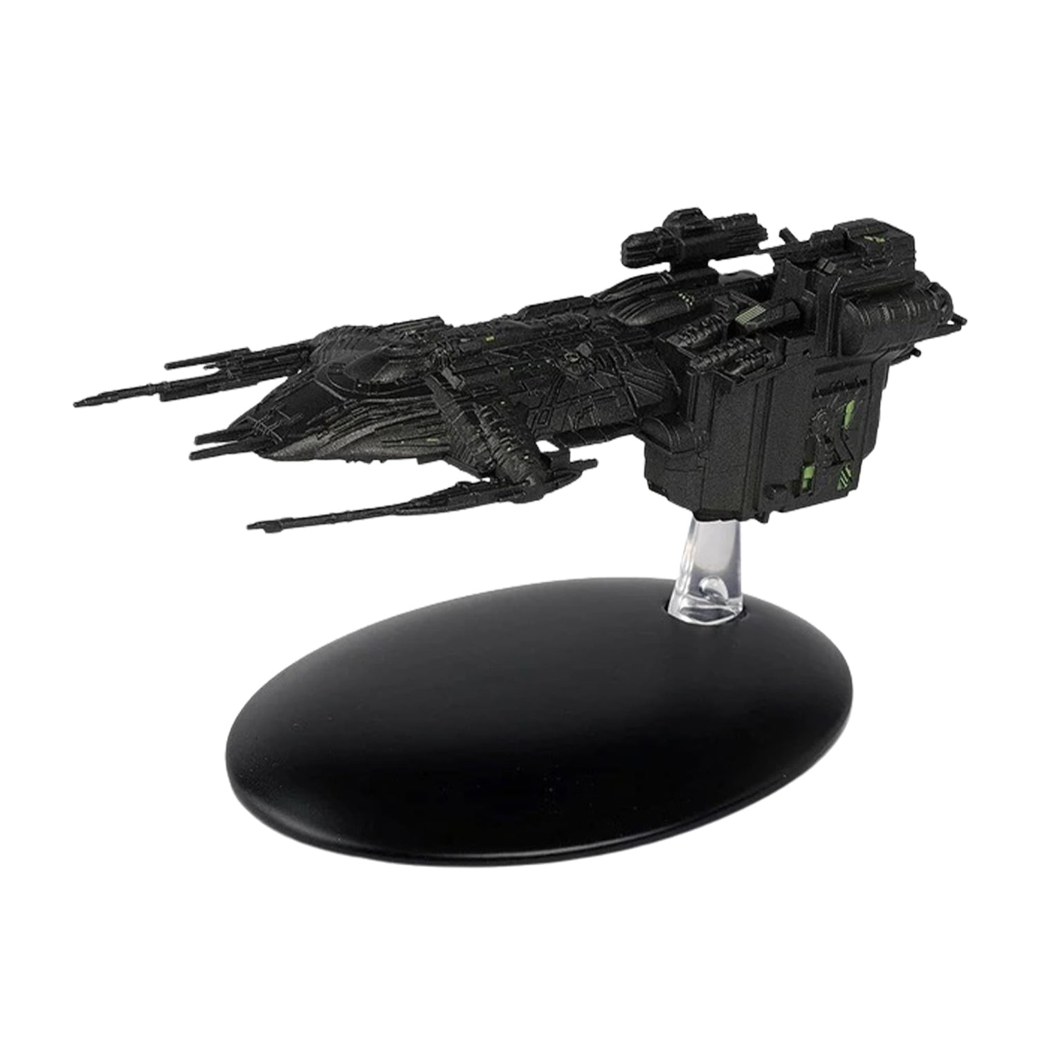 Angle view of the Star Trek Assimilated Arctic One starship replica mounted on its display stand