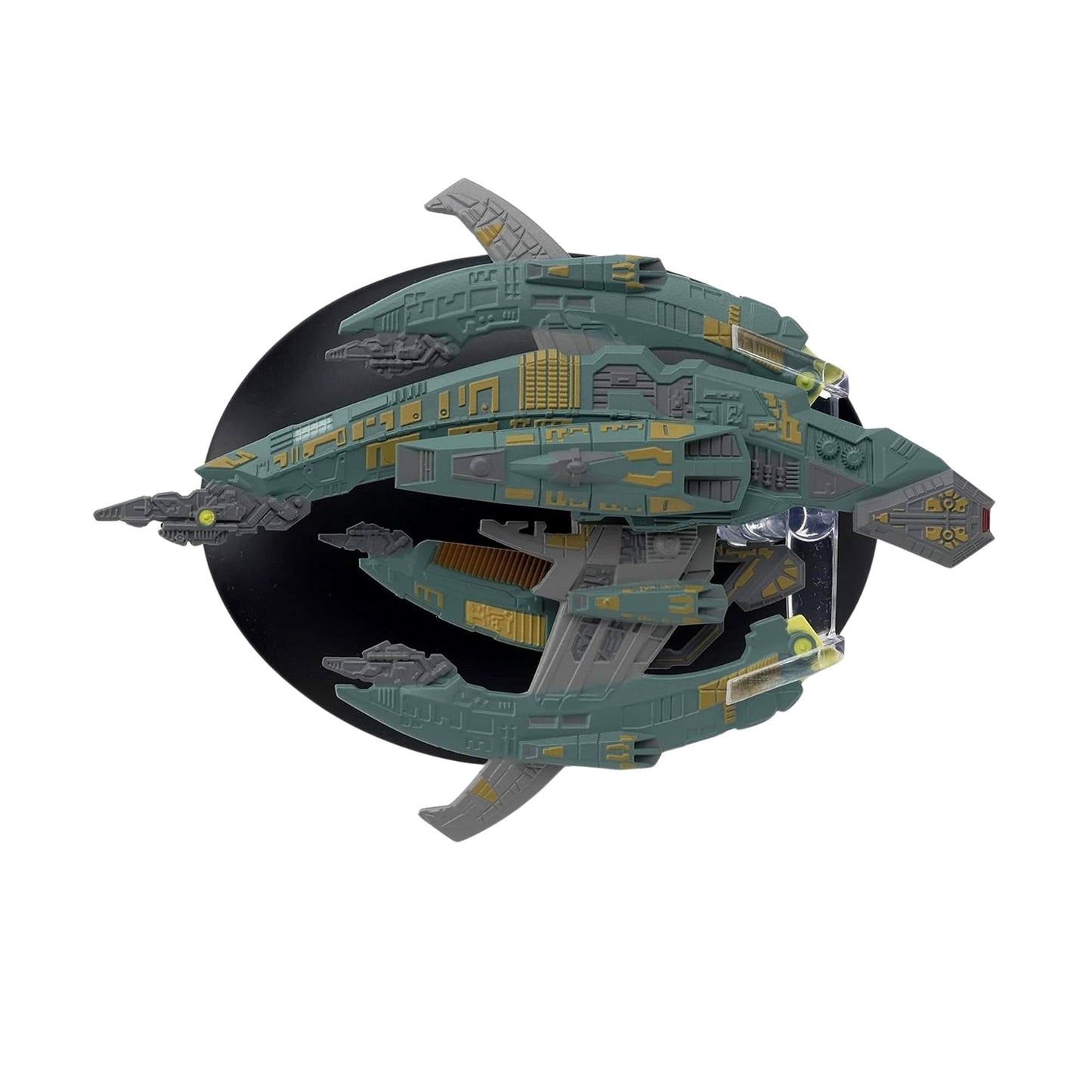 Close-up of the detailed surface textures and weapon emplacements along the hull