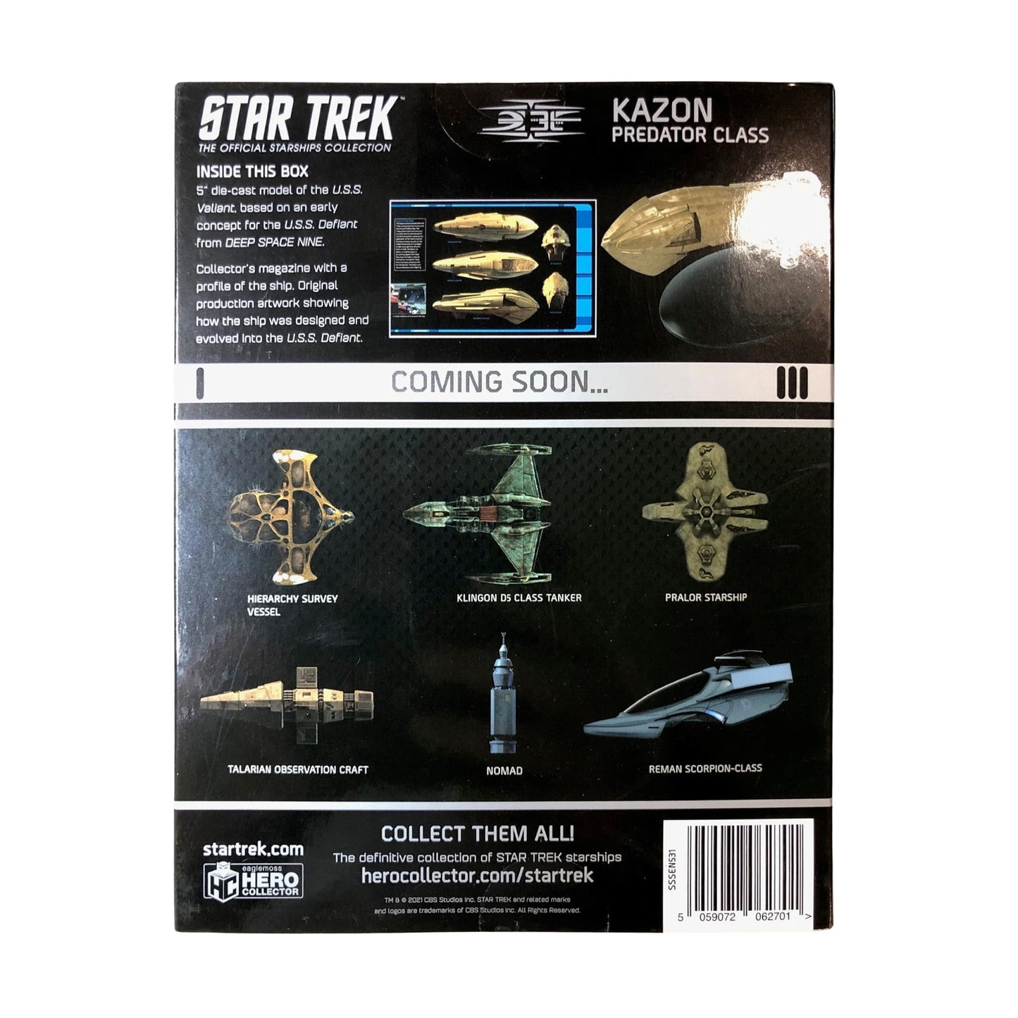Angled perspective of the Kazon Predator Class mounted on its branded Star Trek display base against a neutral background.