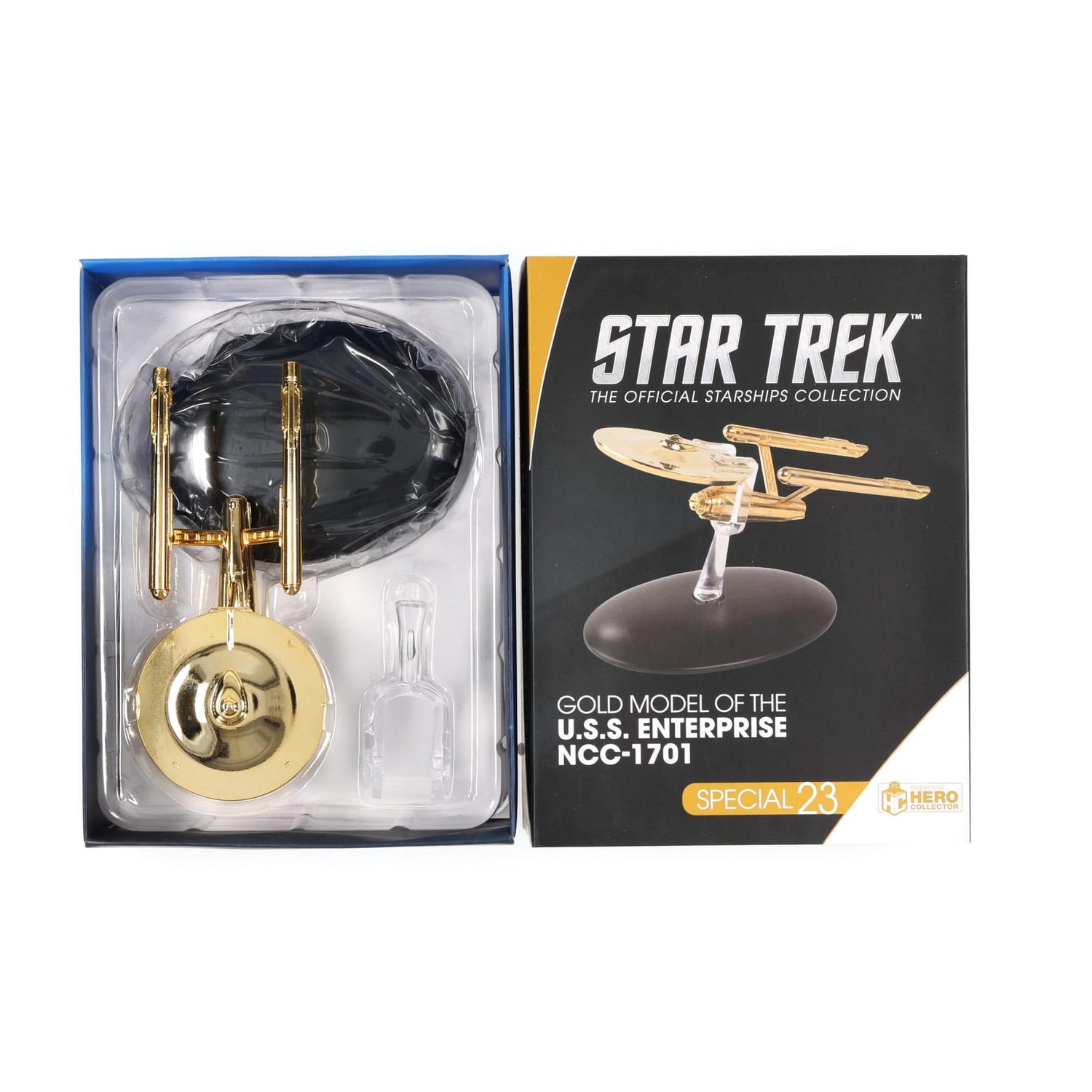 Profile view of the gold-plated U.S.S. Enterprise NCC-1701 die-cast starship replica