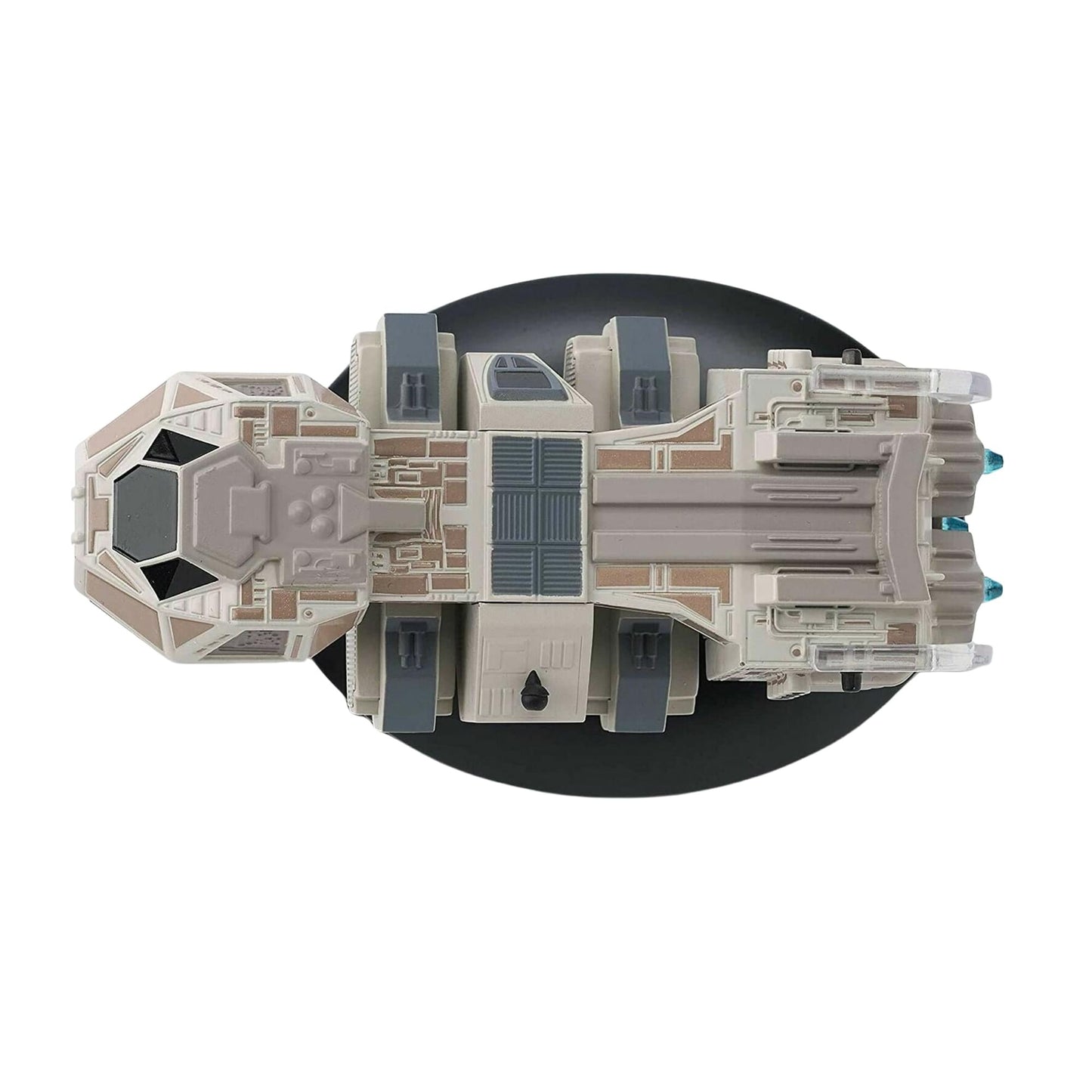 Angle shot of the Star Trek starship replica mounted on its official black display base