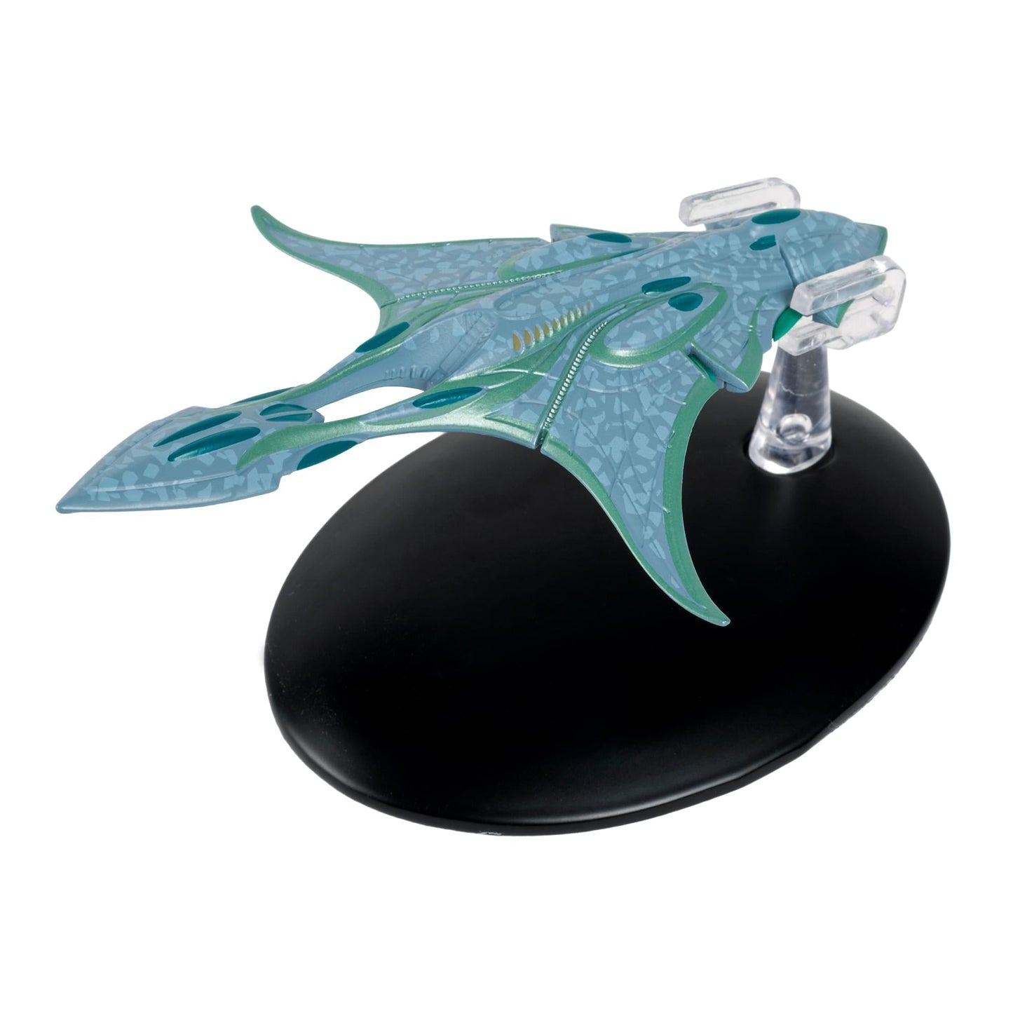 Front three-quarters view of the hand-painted Xindi-Aquatic Cruiser starship replica resting on its display stand