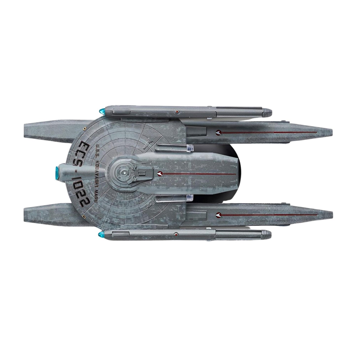 View of the model displayed on its custom Starfleet-themed presentation base
