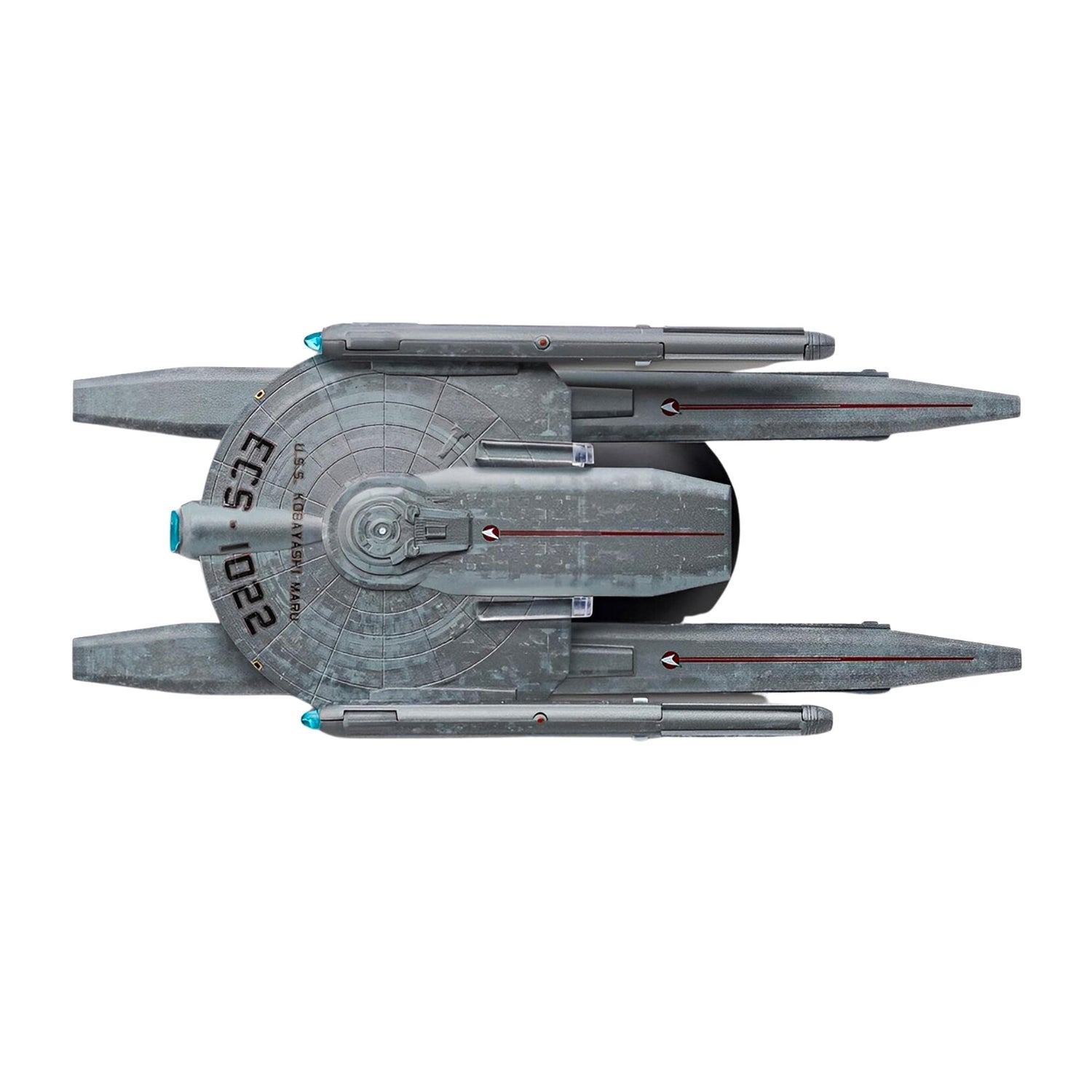View of the model displayed on its custom Starfleet-themed presentation base