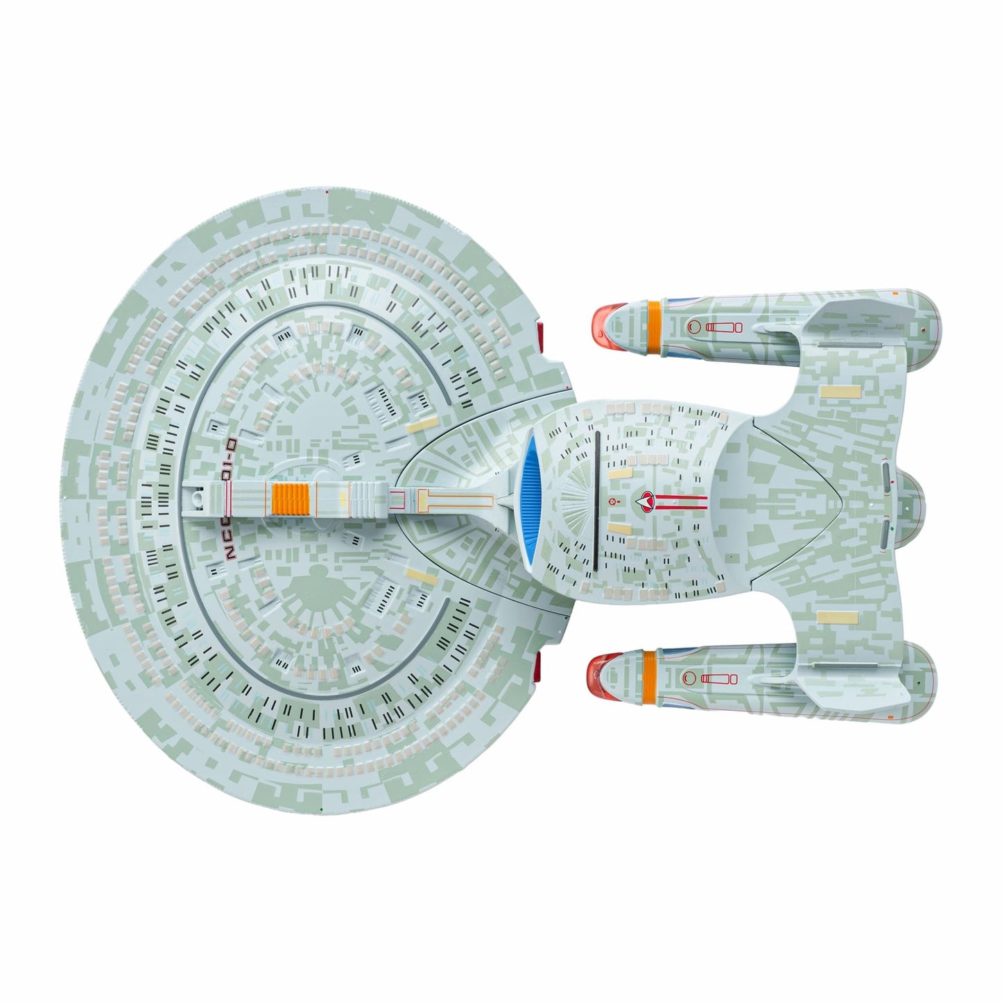 Detailed close-up of the deflector dish and forward engineering section on the starship model