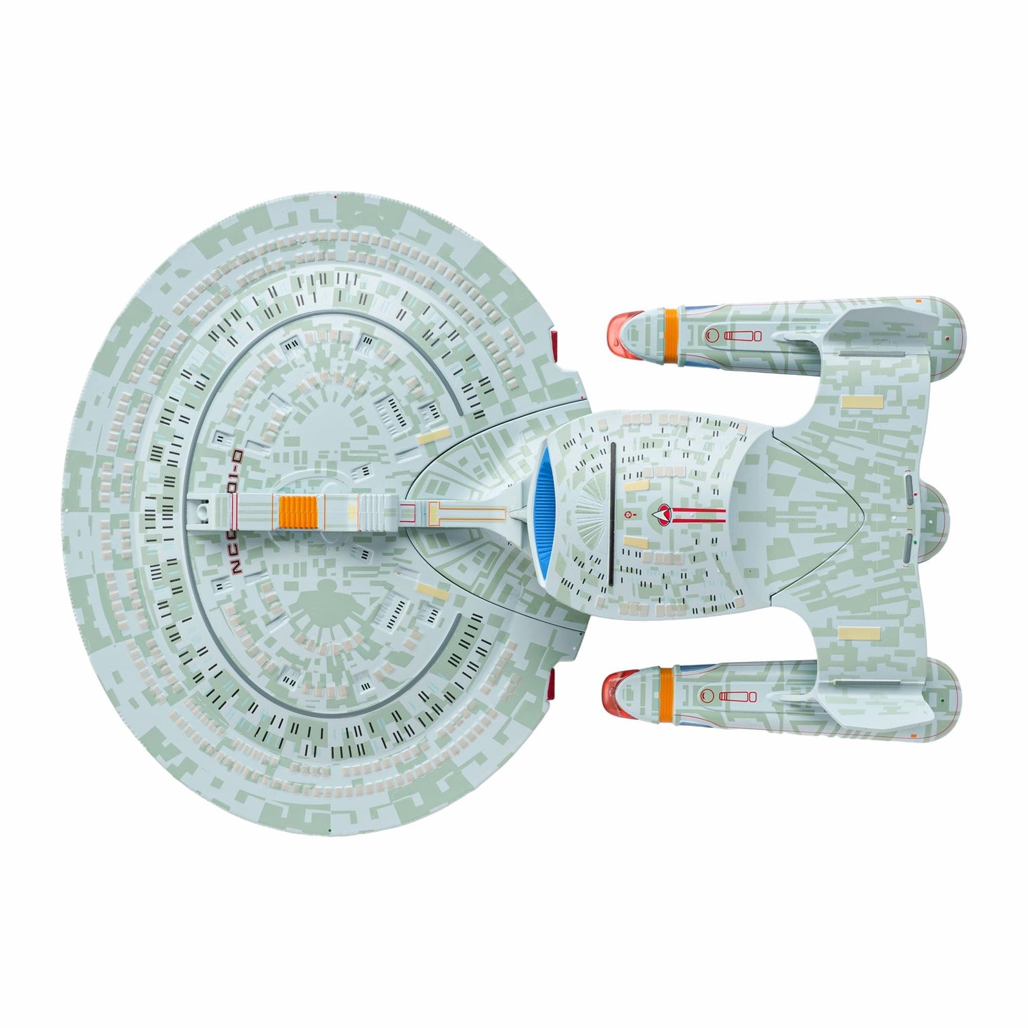 Detailed close-up of the deflector dish and forward engineering section on the starship model