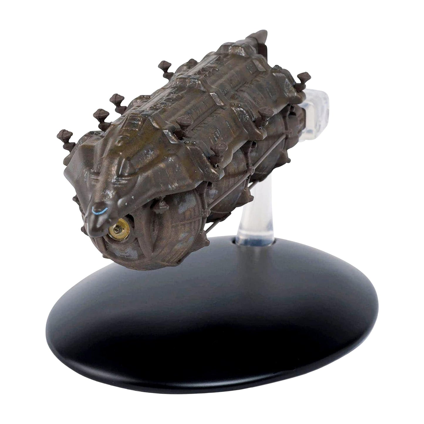 Front quarter angle of the Malon Freighter starship replica showing its industrial hull plating