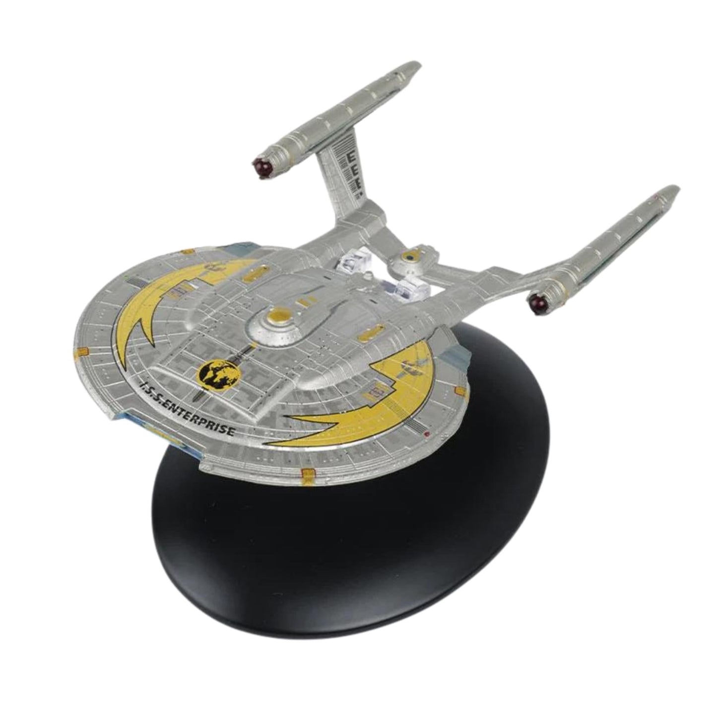 Close-up angle showing the intricate hand-painted hull details and registry numbers of the mirror universe starship replica