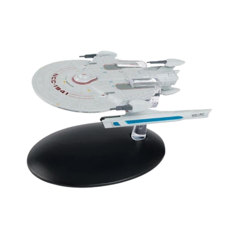 Front quarter view of the die-cast Starfleet Bozeman starship model resting on a display stand