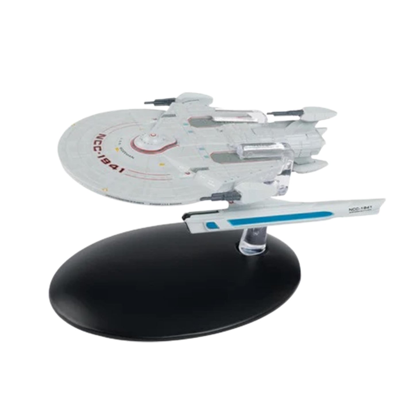 Front quarter view of the die-cast Starfleet Bozeman starship model resting on a display stand