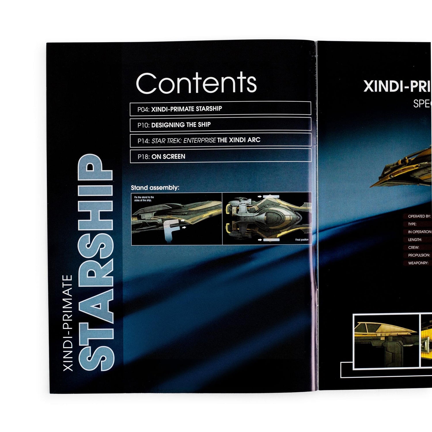 Interior spread of the Star Trek magazine showing detailed schematics and technical specifications of the Miranda-class vessel