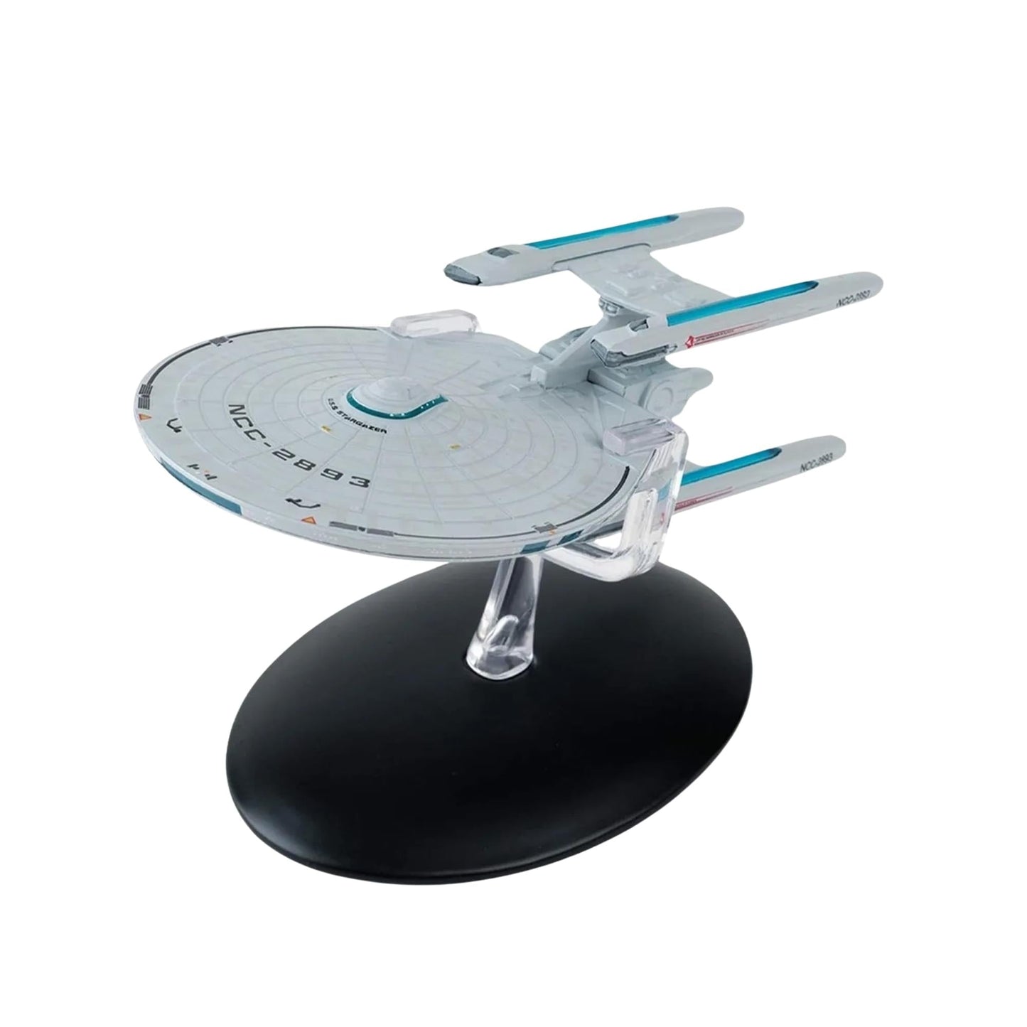Three-quarter angle view of the U.S.S. Stargazer starship model on a display stand against a dark background