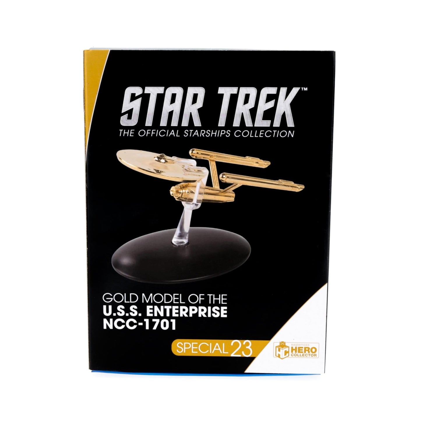Detailed view of the display base and plaque accompanying the gold Enterprise model