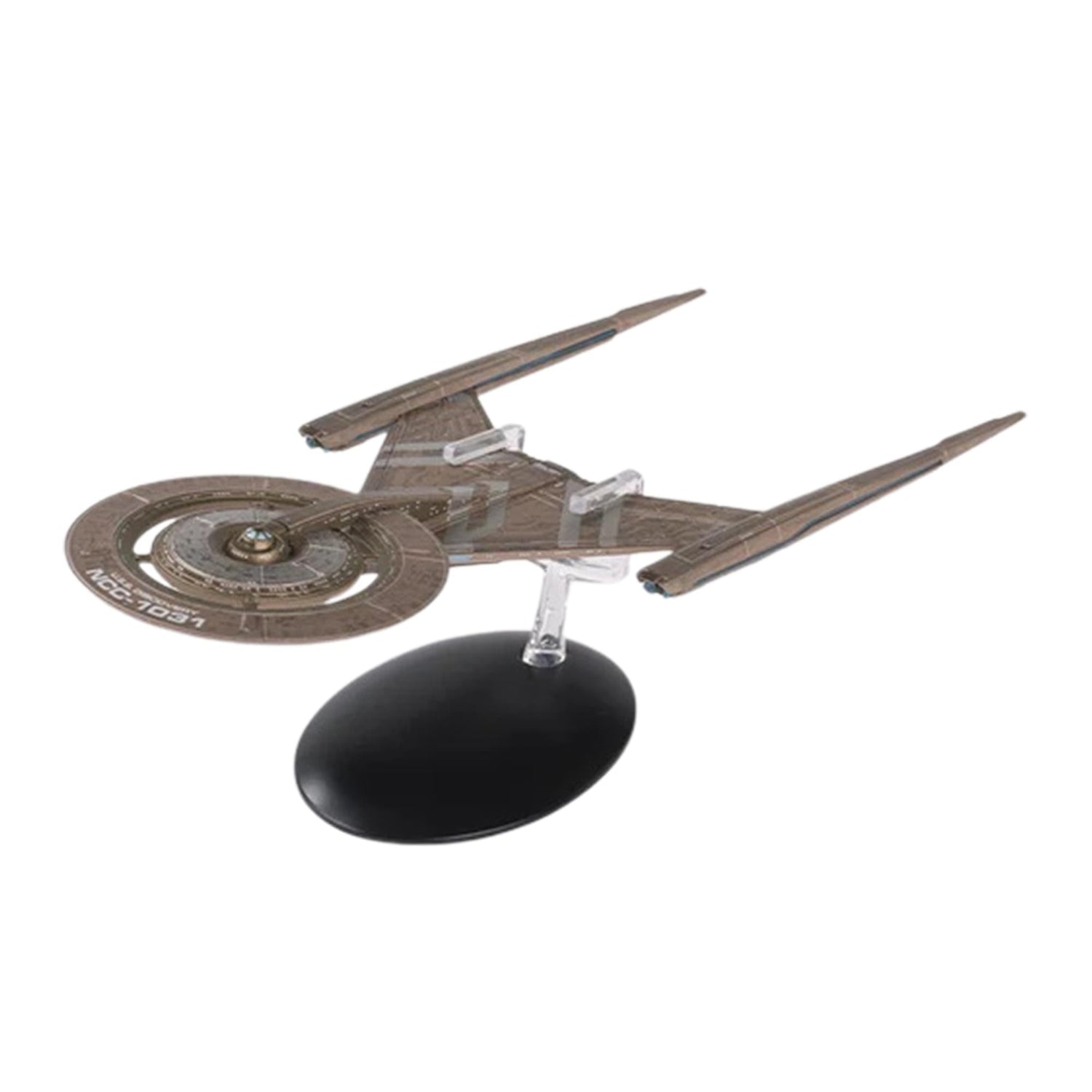 Angle view of the starship mounted on its branded display stand