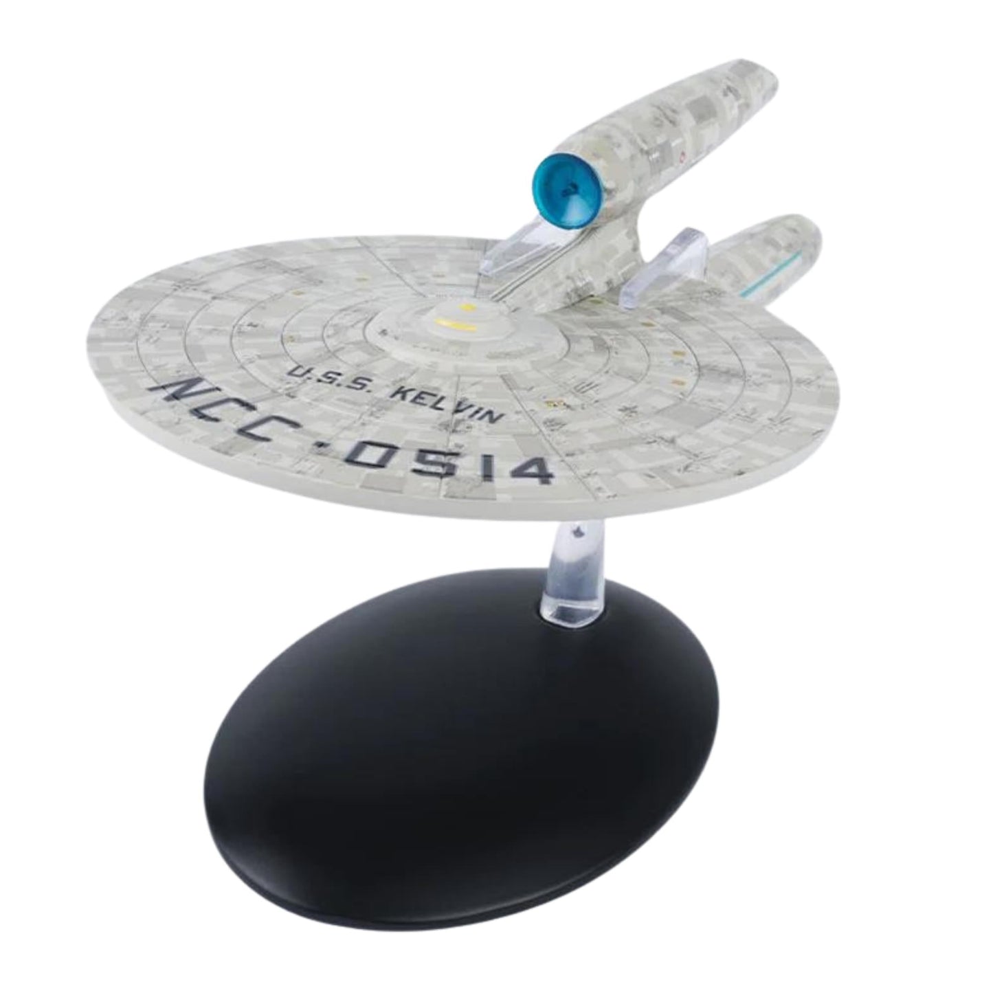 Front three-quarter view of the USS Kelvin starship replica showing its single warp nacelle and saucer section