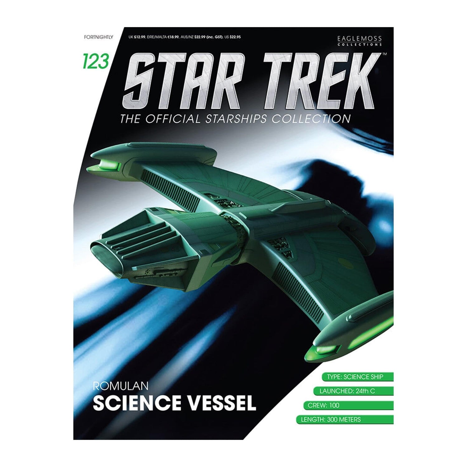 Front cover of the Star Trek magazine featuring an illustration of the green Romulan Science Vessel in flight