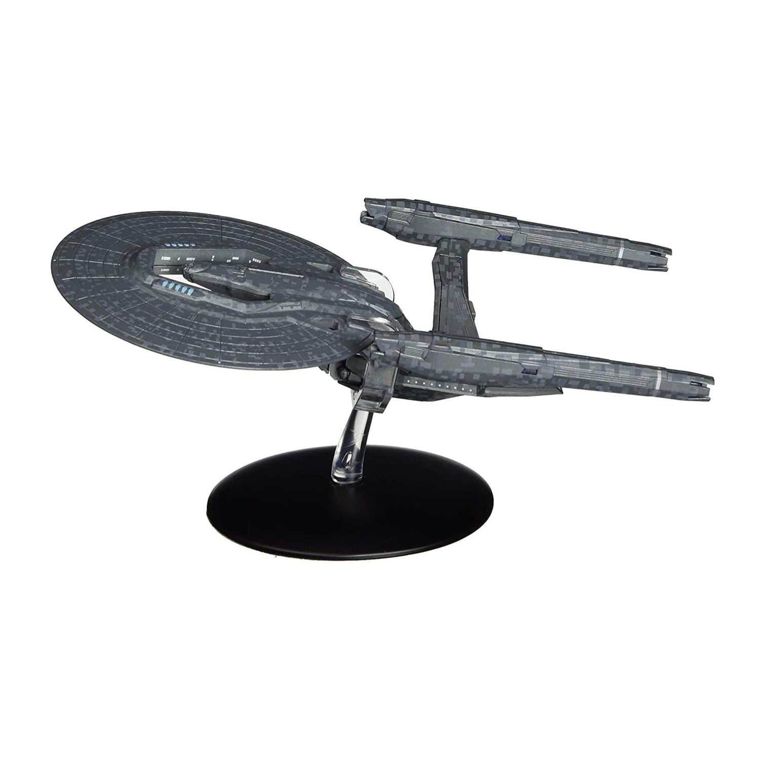 Top-down view of the die-cast USS Vengeance model highlighting its intricate hull plating and Starfleet registry markings