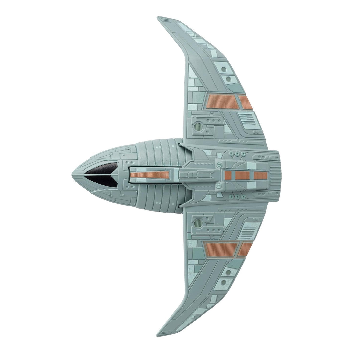 Angled perspective shot of the starship model mounted for display