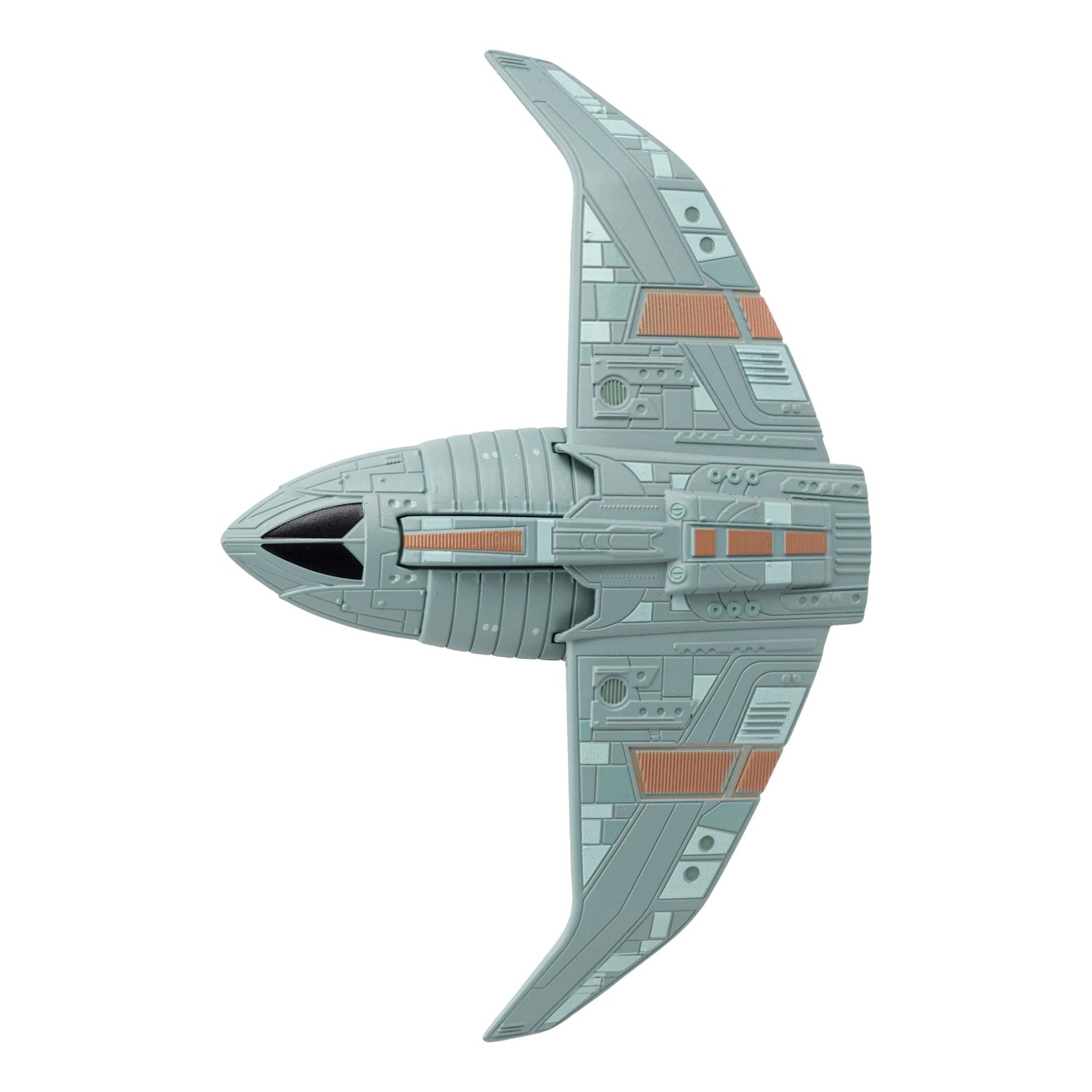 Angled perspective shot of the starship model mounted for display