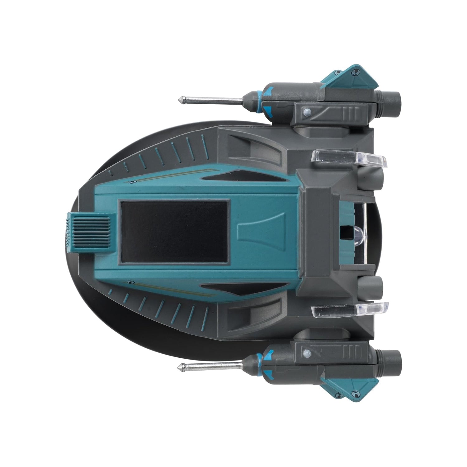 Aft view of the starship model, highlighting the engine nacelles and rear design elements