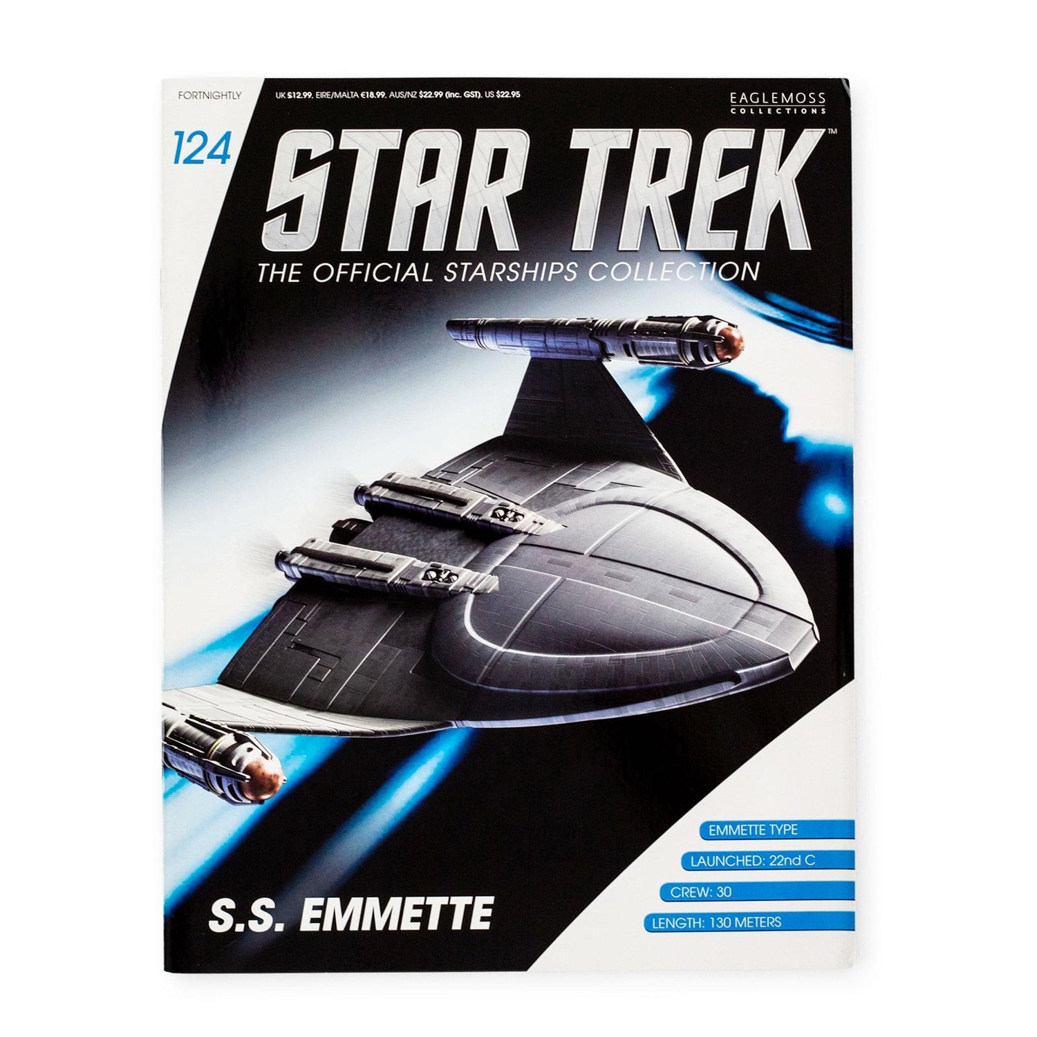Front cover of the Star Trek Official Starships magazine featuring the S.S. Emmette against a starlight backdrop