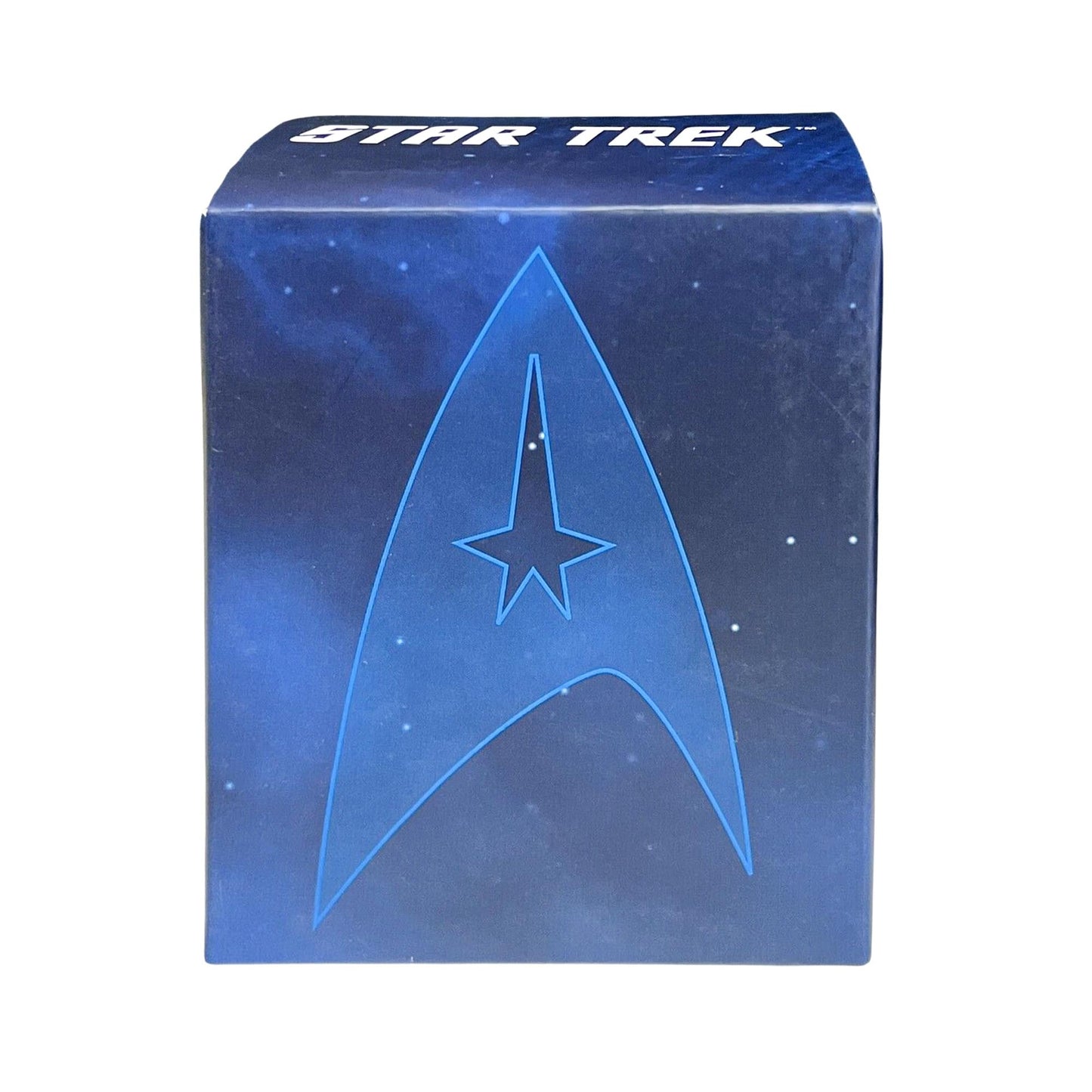 The Fesarius starship model positioned securely on its branded Star Trek display base