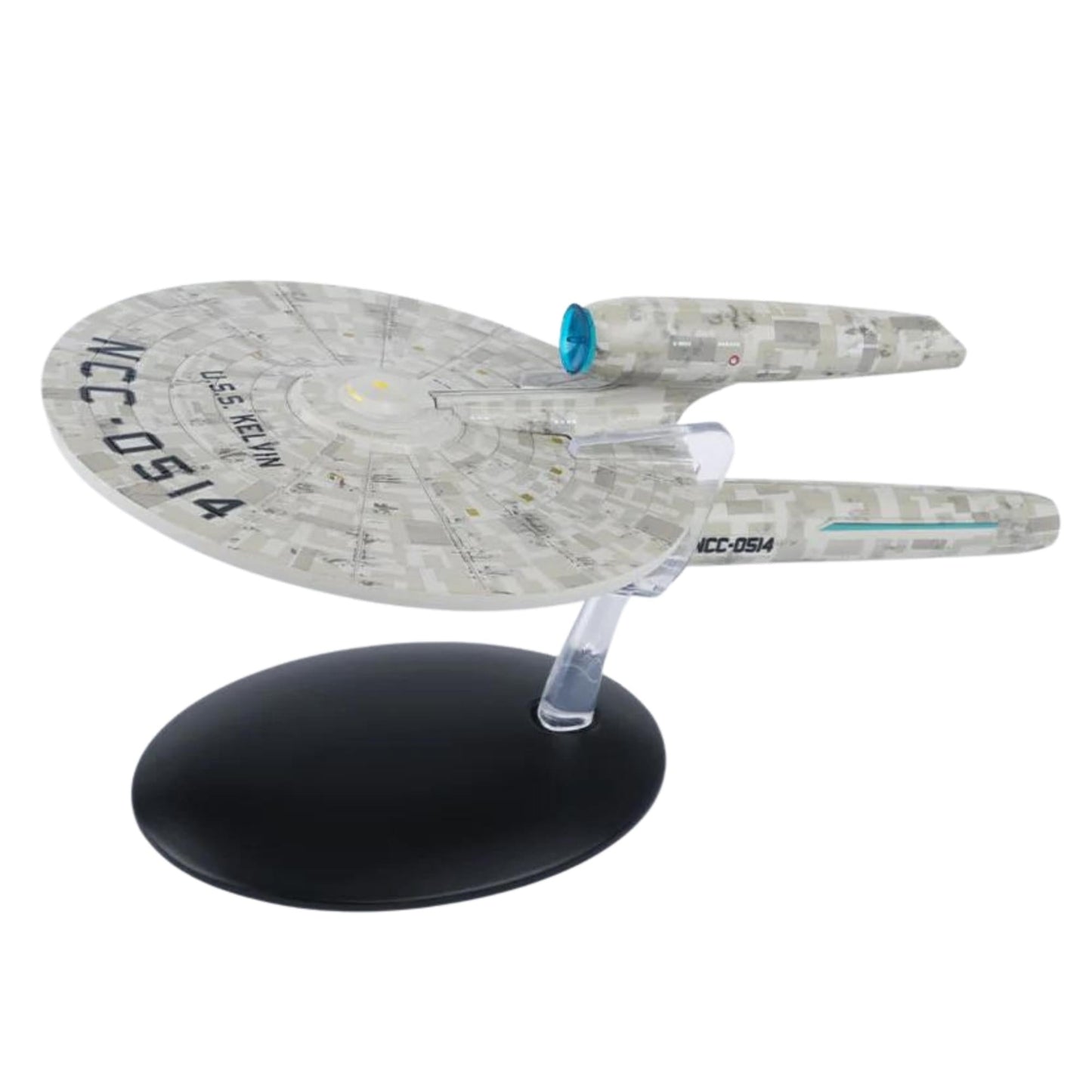 Top-down view of the die-cast USS Kelvin model highlighting hull plating and Starfleet registry markings