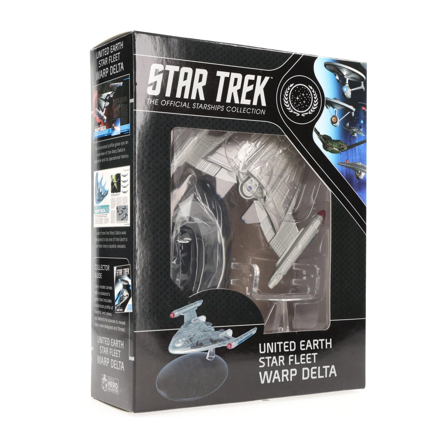 The complete Star Trek starship model showcased in its collector packaging