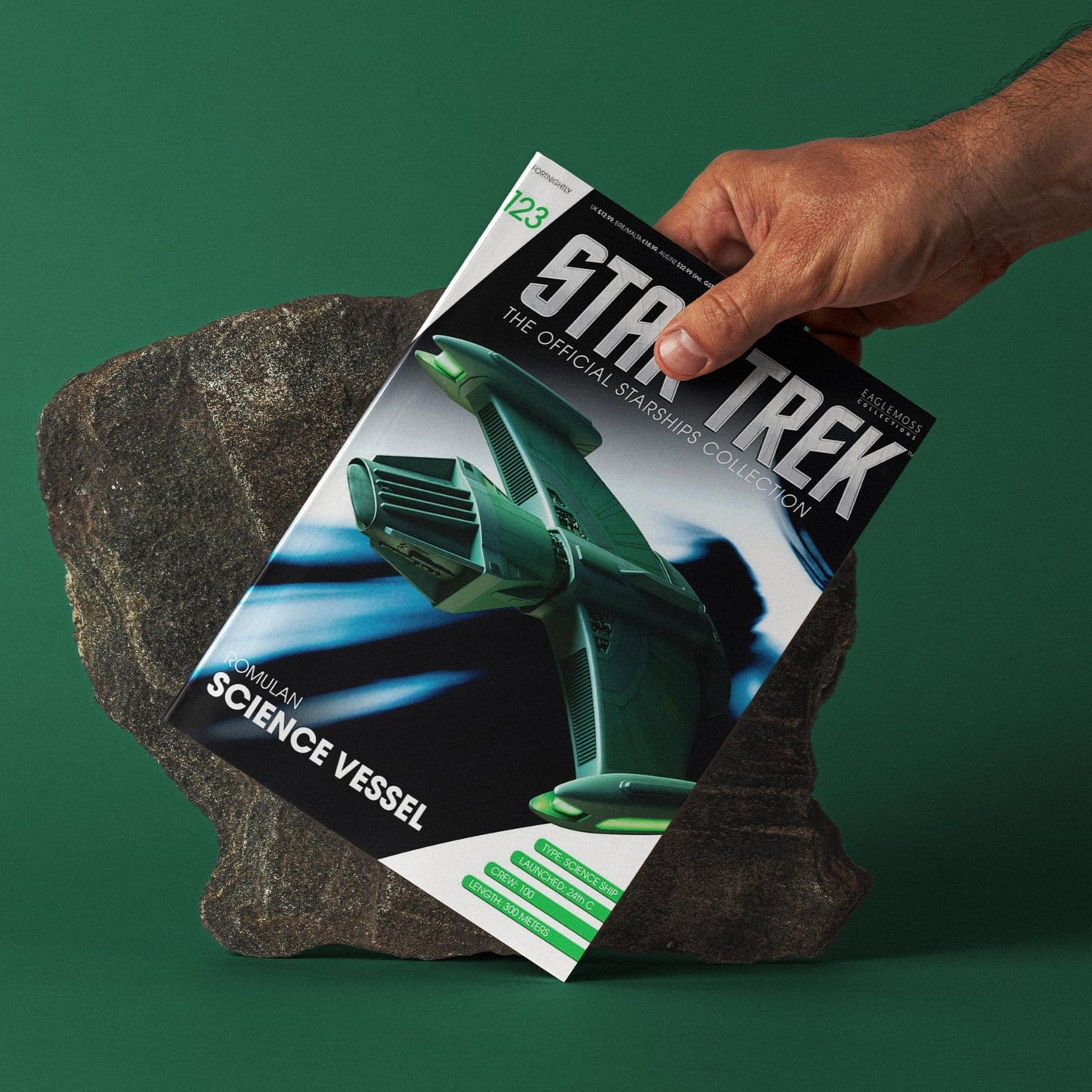 Close-up detail of the magazine title block and featured starship graphic