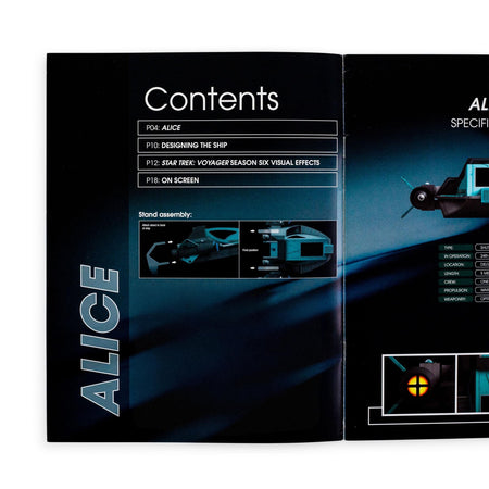 Close-up of the magazine title and starship graphic detailing the Alice vessel