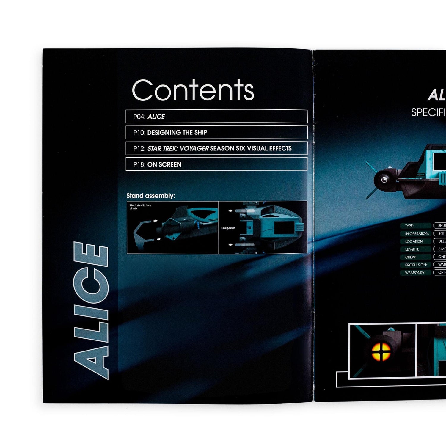 Close-up of the magazine title and starship graphic detailing the Alice vessel