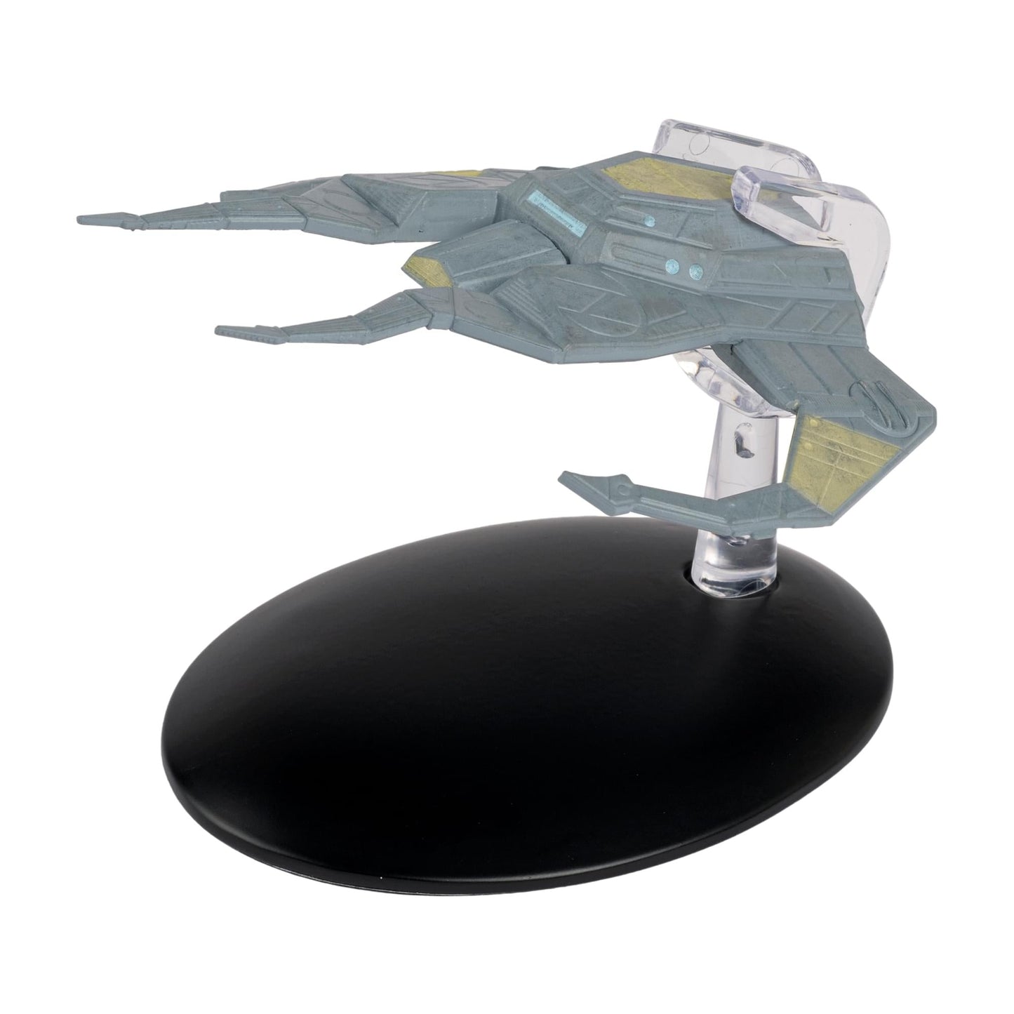 Star Trek Miradorn Raider starship replica angled front quarter view showcasing its unique hull geometry