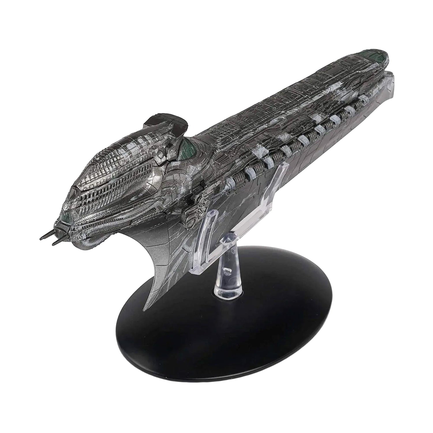 Top-down view highlighting the intricate hull plating and weapon arrays of the Klingon warship model