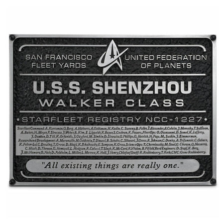 Eaglemoss Star Trek Discovery U.S.S. Shenzhou dedication plaque replica mounted against a neutral background