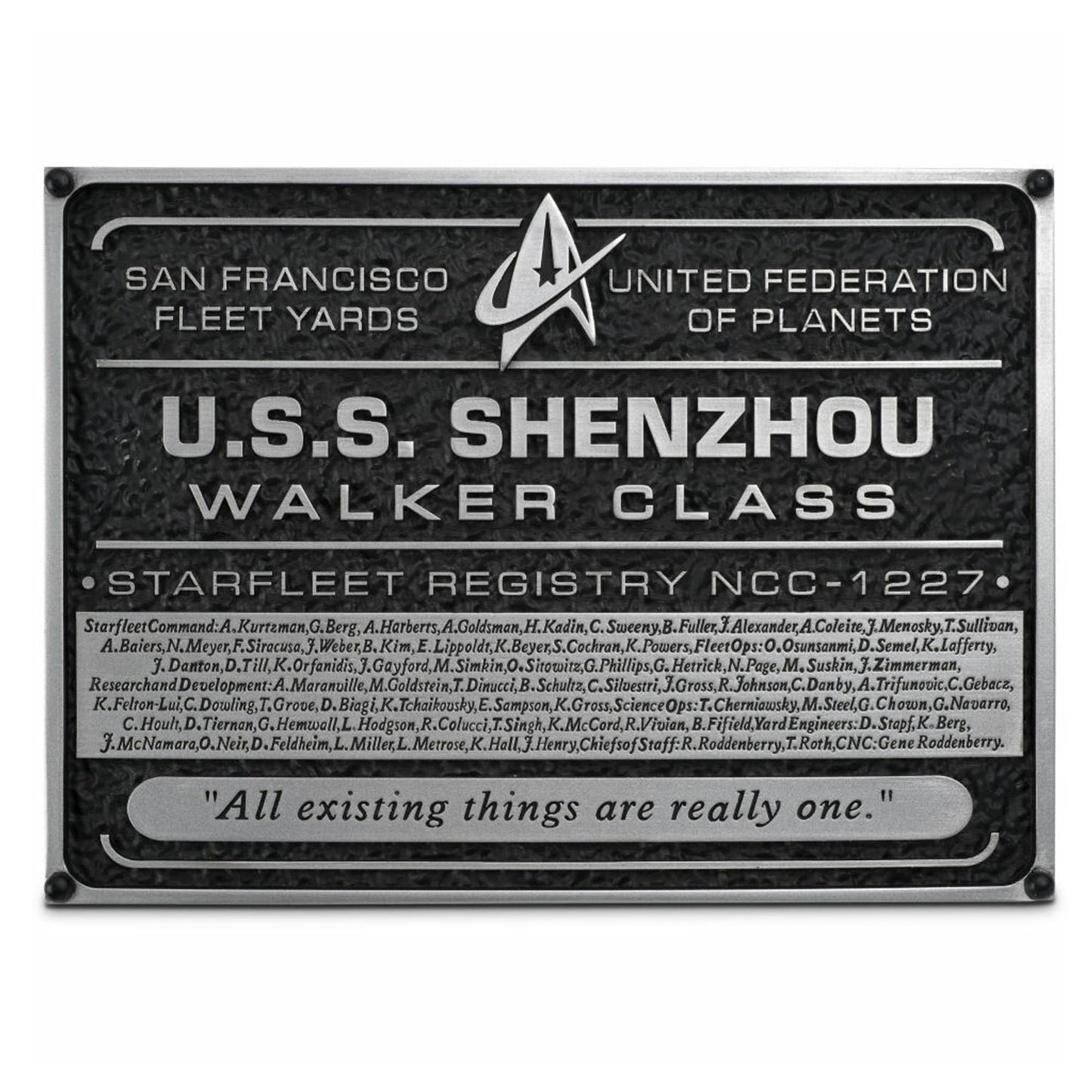 Eaglemoss Star Trek Discovery U.S.S. Shenzhou dedication plaque replica mounted against a neutral background